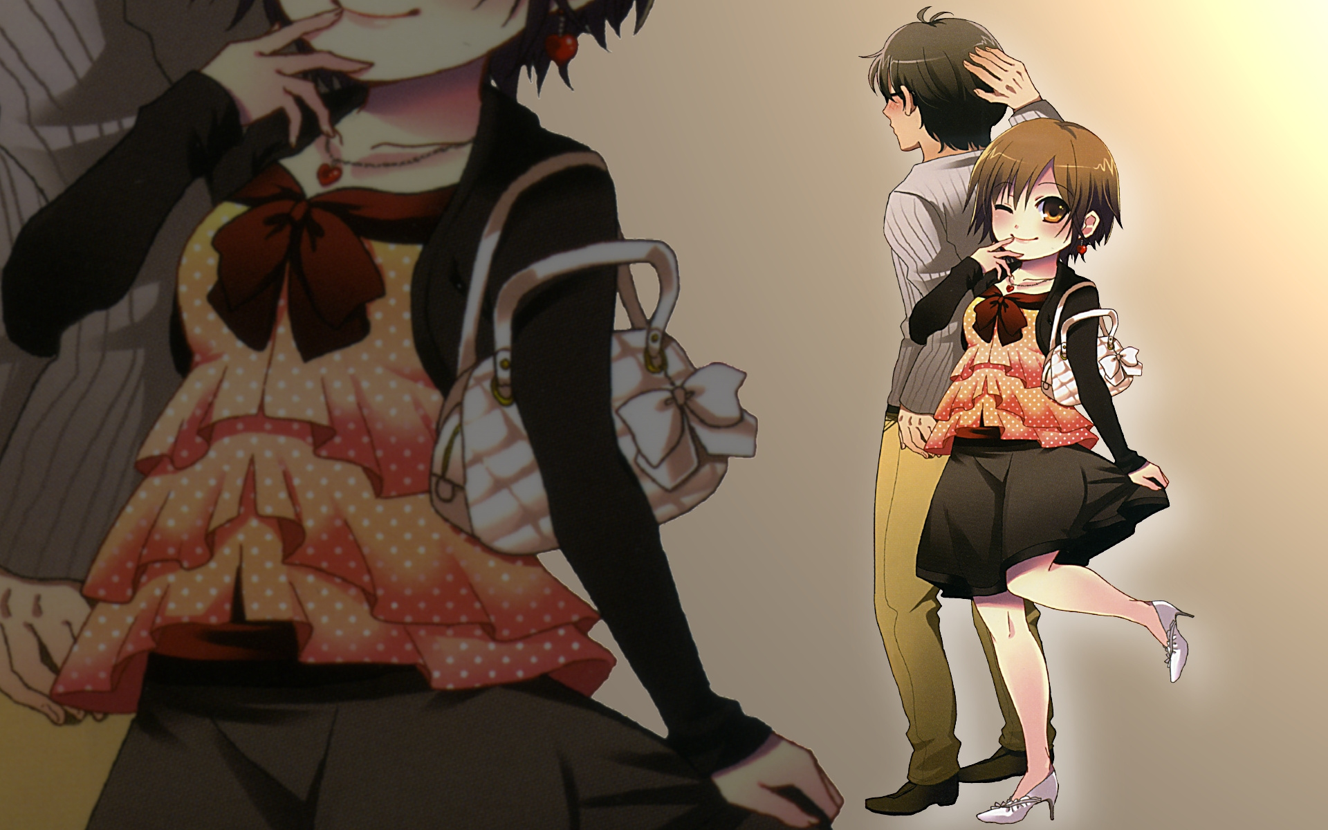 highres, 1boy, 1girl, bag, blush, brown hair, handbag, jewelry, necklace, short hair, zoom layer