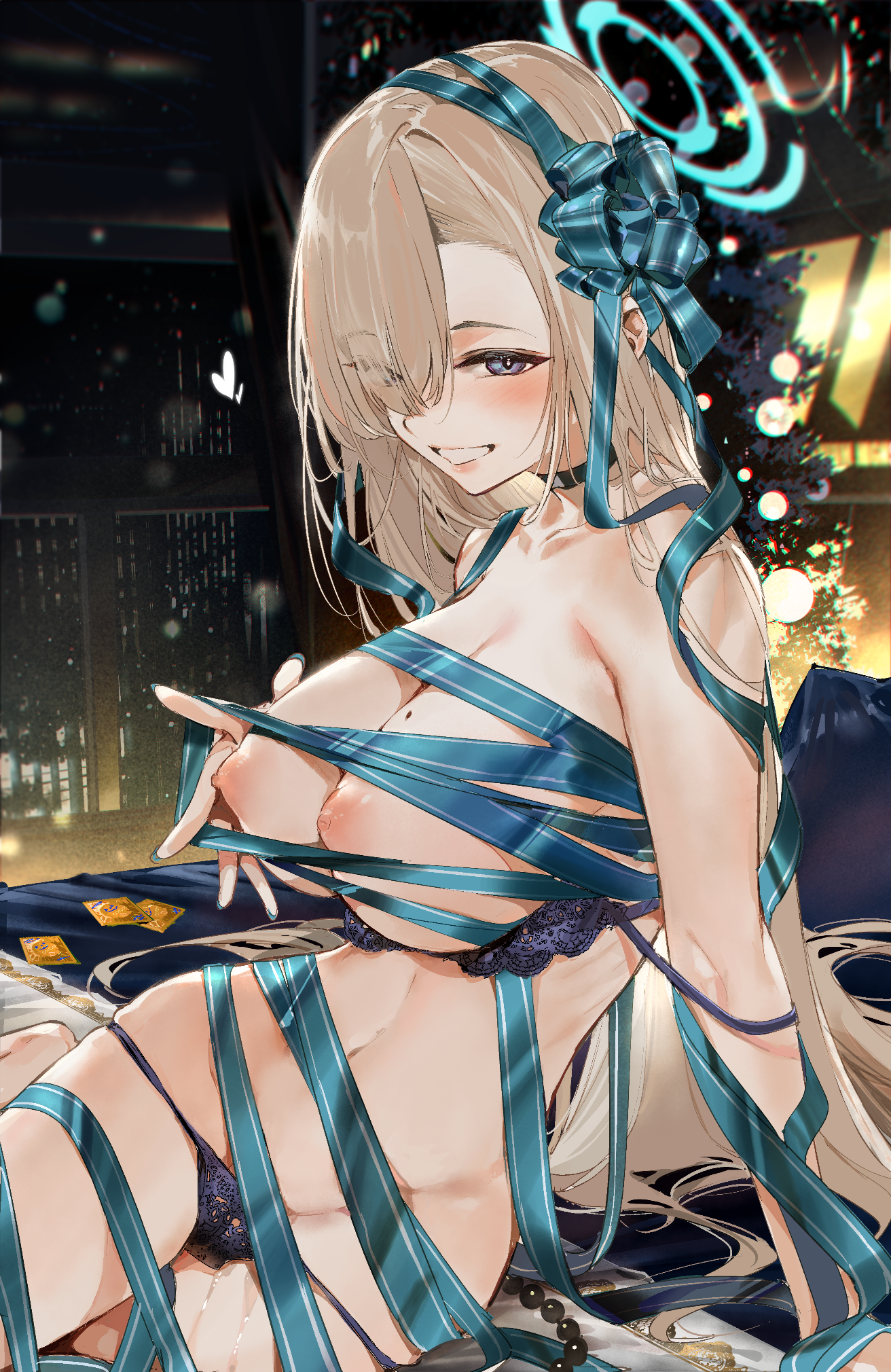 kurotsuki machi, asuna (blue archive), blue archive, commentary request, highres, 1girl, black choker, blue halo, bound, bra, bra pull, breasts, choker, christmas, christmas tree, clothes pull, condom, condom wrapper, gift wrapping, hair over one eye, halo, large breasts, long hair, looking at viewer, naked ribbon, night, nipples, panties, pussy juice, red ribbon, ribbon, smile, solo, strap slip, string panties, underwear, underwear only, wrapped up