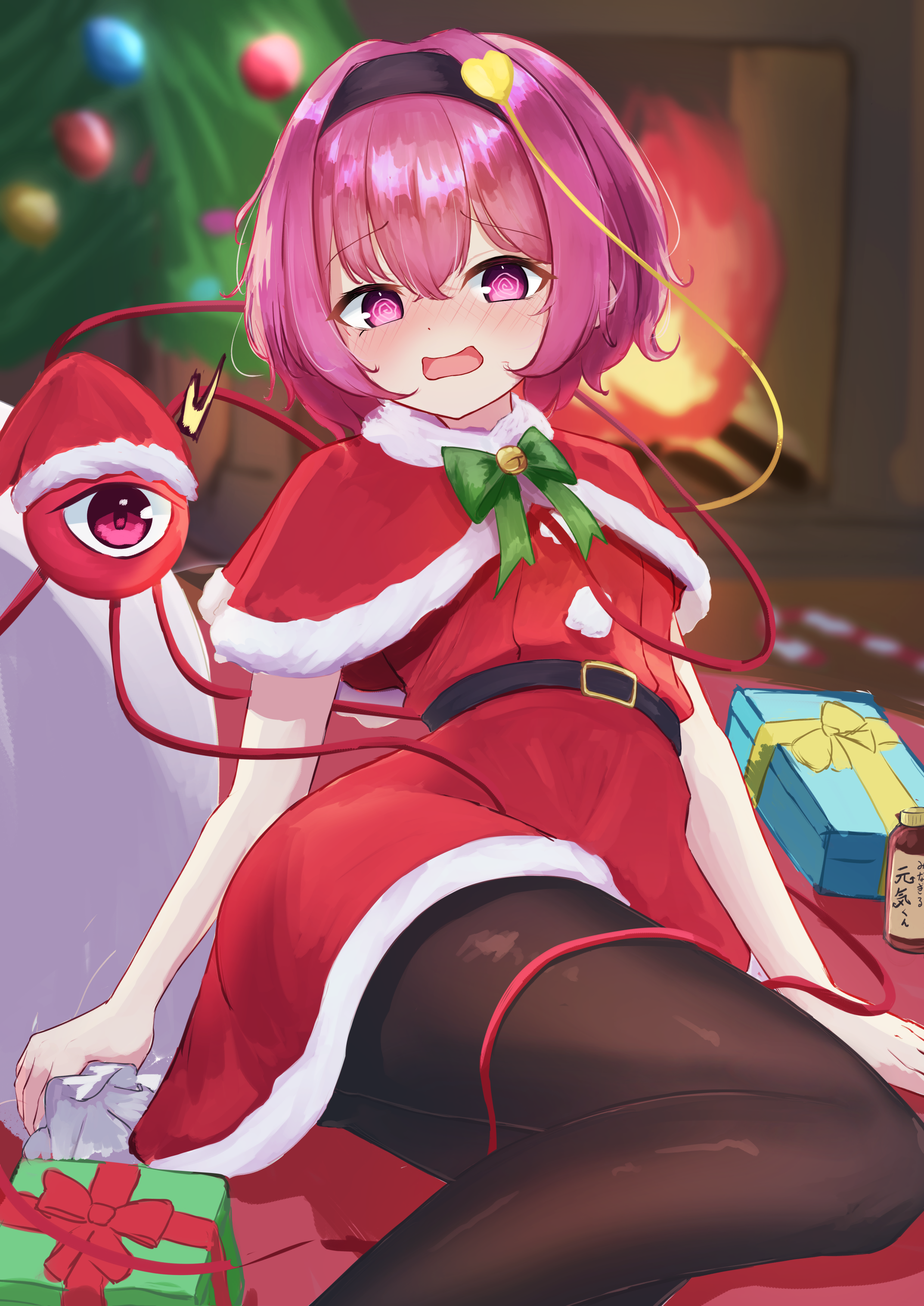 pico kimuchi, komeiji satori, touhou, absurdres, commentary request, highres, textless version, 1girl, @ @, alternate costume, belt, black belt, black hairband, blush, box, brown pantyhose, capelet, christmas, christmas tree, dress, eyeball, fur-trimmed capelet, fur trim, gift, gift box, hairband, holding, holding sack, looking at viewer, open mouth, pantyhose, pink eyes, pink hair, red capelet, red dress, sack, santa costume, santa dress, solo, third eye