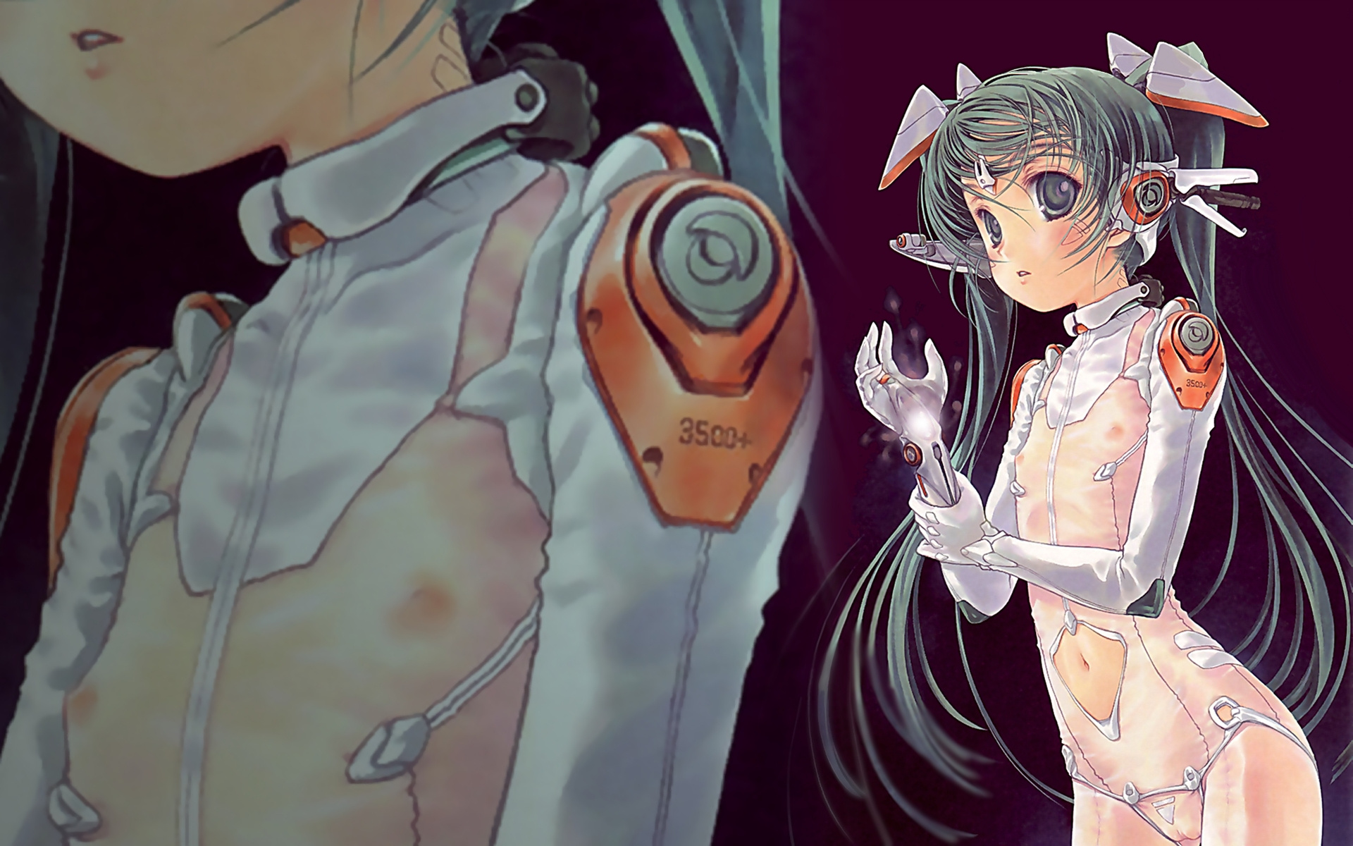 focke wulf, highres, source request, ass, cameltoe, flat chest, green hair, loli, nipples, one-piece swimsuit, swimsuit, uncensored, white one-piece swimsuit, zoom layer