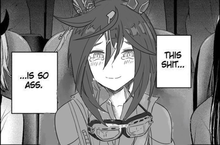 nidhoggn, stay gold (umamusume), umamusume, commentary, english commentary, 1girl, animal ears, blush, closed mouth, coat, english text, eyebrows hidden by hair, goggles, goggles around neck, greyscale, hair between eyes, horse ears, long hair, meme, monochrome, movie theater, multicolored hair, profanity, raised inner eyebrows, sad, sad smile, smile, solo focus, stay gold (sunlit outsider) (umamusume), straight-on, tearing up, theater seating, this shit is so ass (meme), torn clothes, torn coat, upper body