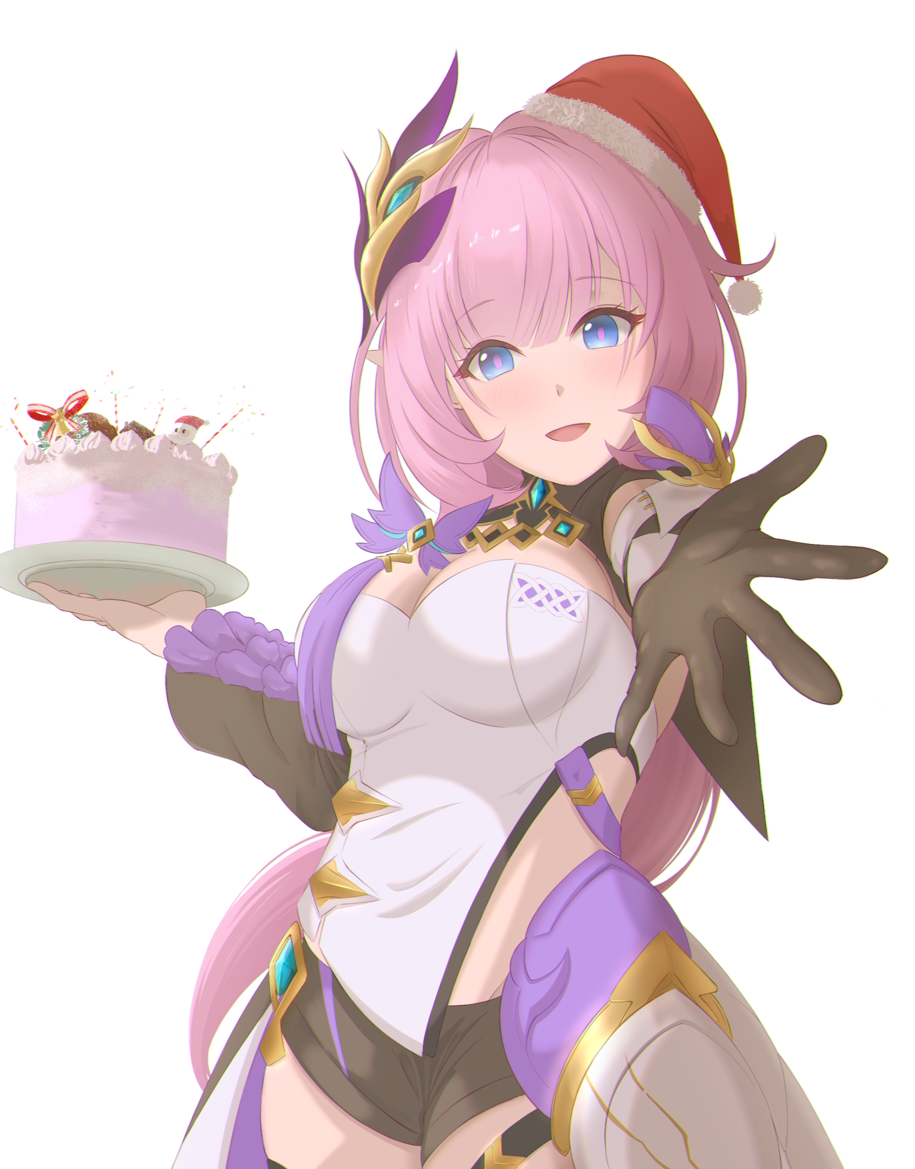 elysia (honkai impact), elysia (miss pink elf) (honkai impact), honkai (series), honkai impact 3rd, commentary request, highres, 1girl, aruko, black gloves, black shorts, black shrug, blue eyes, breasts, cake, cleavage, corset, food, gloves, hair ornament, hat, holding, holding cake, holding food, large breasts, long hair, looking at viewer, pink hair, reaching, reaching towards viewer, santa hat, shorts, shrug (clothing), simple background, single glove, solo, thighs, very long hair, white background, white corset