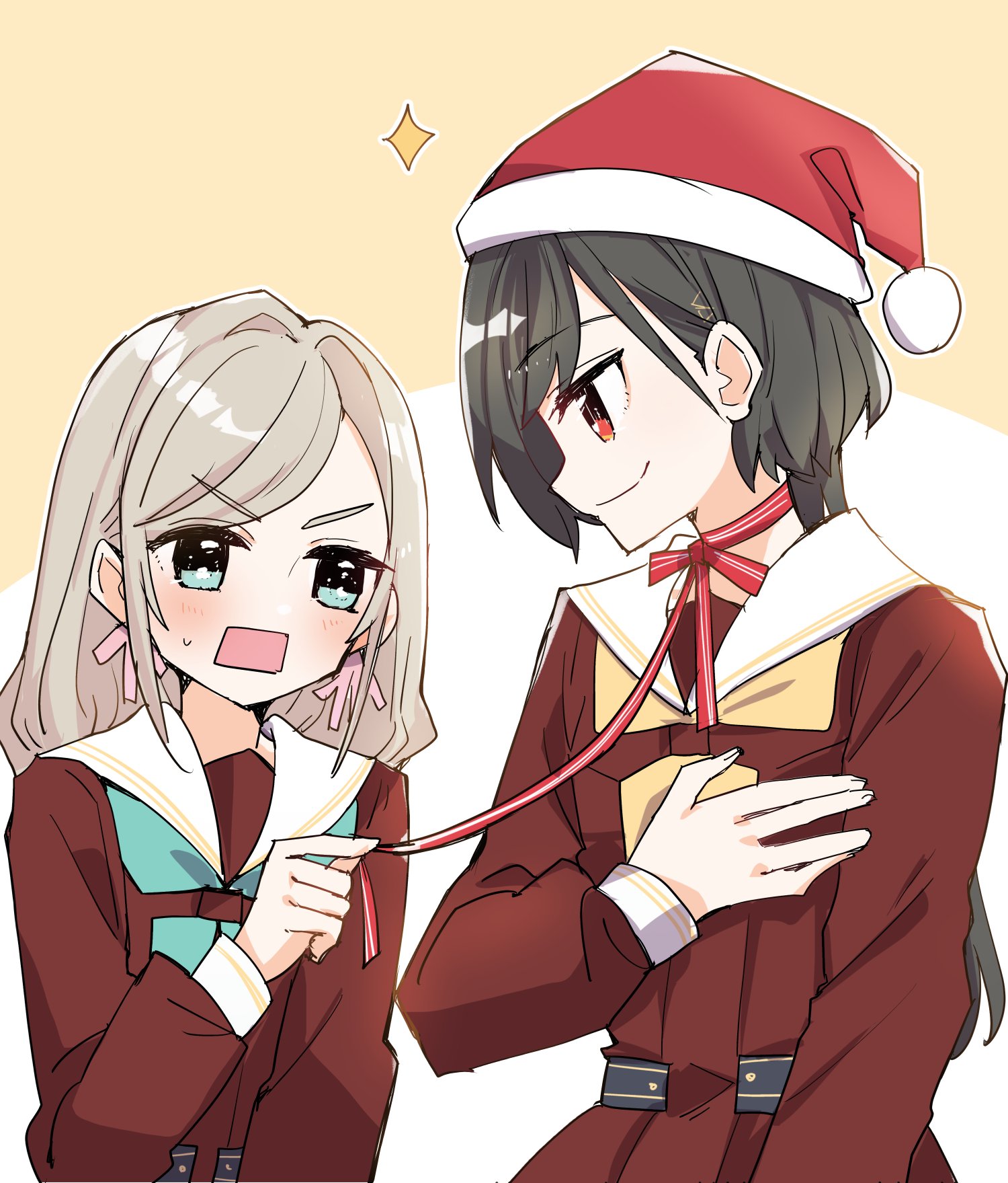 kanduki kamibukuro, ceras yanagida lilienfeld, katsuragi izumi, link! like! love live!, love live!, commentary request, highres, 2girls, aqua neckerchief, black hair, blue eyes, blush, brown dress, choker, dress, grey hair, hair ornament, hair ribbon, hand on own chest, hasu no sora school uniform, hat, height difference, holding, holding leash, holding ribbon, jellyfish cut, leash, long hair, long sleeves, multiple girls, neckerchief, open mouth, orange hair, pink ribbon, rectangular mouth, red eyes, red hat, red ribbon, ribbon, ribbon choker, sailor collar, sailor dress, santa hat, school uniform, sparkle, triangle hair ornament, upper body, virtual youtuber, white sailor collar, winter uniform, yellow background, yellow neckerchief, yuri