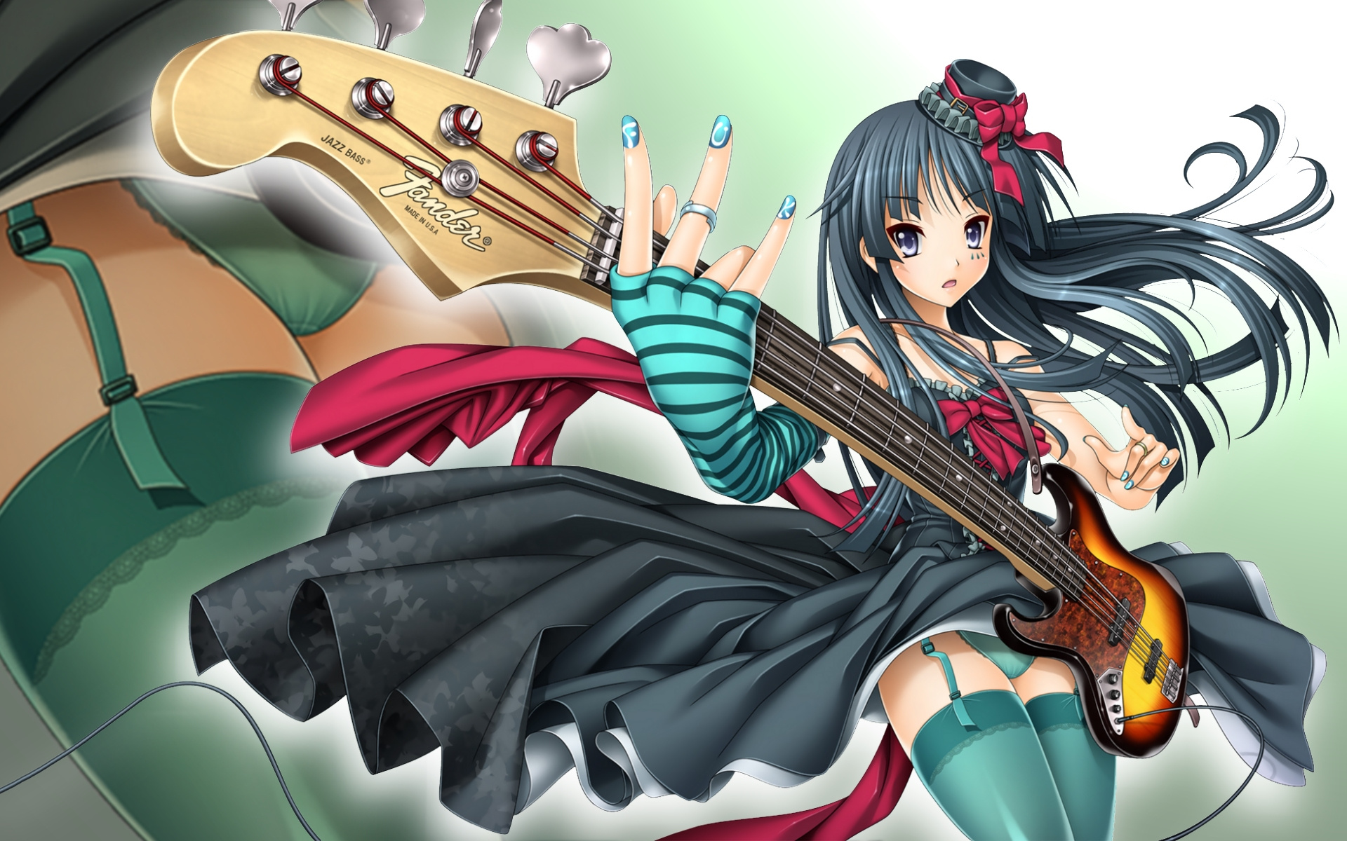 akiyama mio, don't say "lazy", k-on!, highres, 00s, 1girl, asymmetrical clothes, bass guitar, black hair, dress, electric guitar, female focus, fender jazz bass, fingerless gloves, fingernails, frilled panties, frills, gloves, green panties, green thighhighs, guitar, hat, instrument, long hair, nail polish, panties, purple eyes, single glove, solo, thighhighs, uncensored, underwear, very long hair, zoom layer