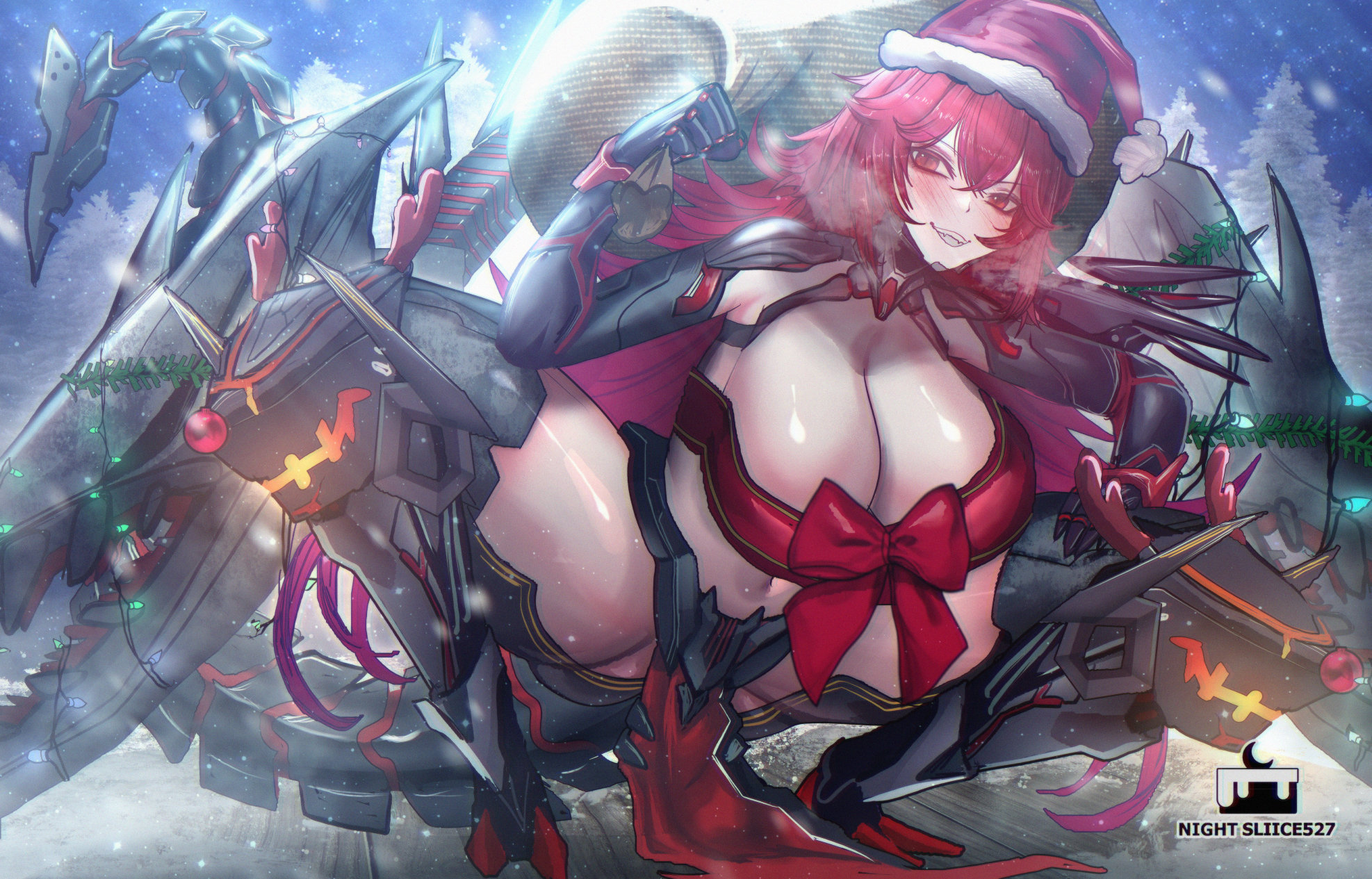 nightsliice257, nihilister (nikke), goddess of victory: nikke, commentary, english commentary, highres, mixed-language commentary, 1girl, alternate costume, armored boots, black thighhighs, blush, boots, breasts, brown bag, dragon tail, dragon wings, hair between eyes, hat, holding, holding sack, large breasts, long hair, looking at viewer, mechanical tail, mechanical wings, navel, outdoors, pelvic curtain, red eyes, red hair, sack, santa hat, smile, snow, solo, spread legs, squatting, tail, teeth, thigh boots, thighhighs, tree, wings