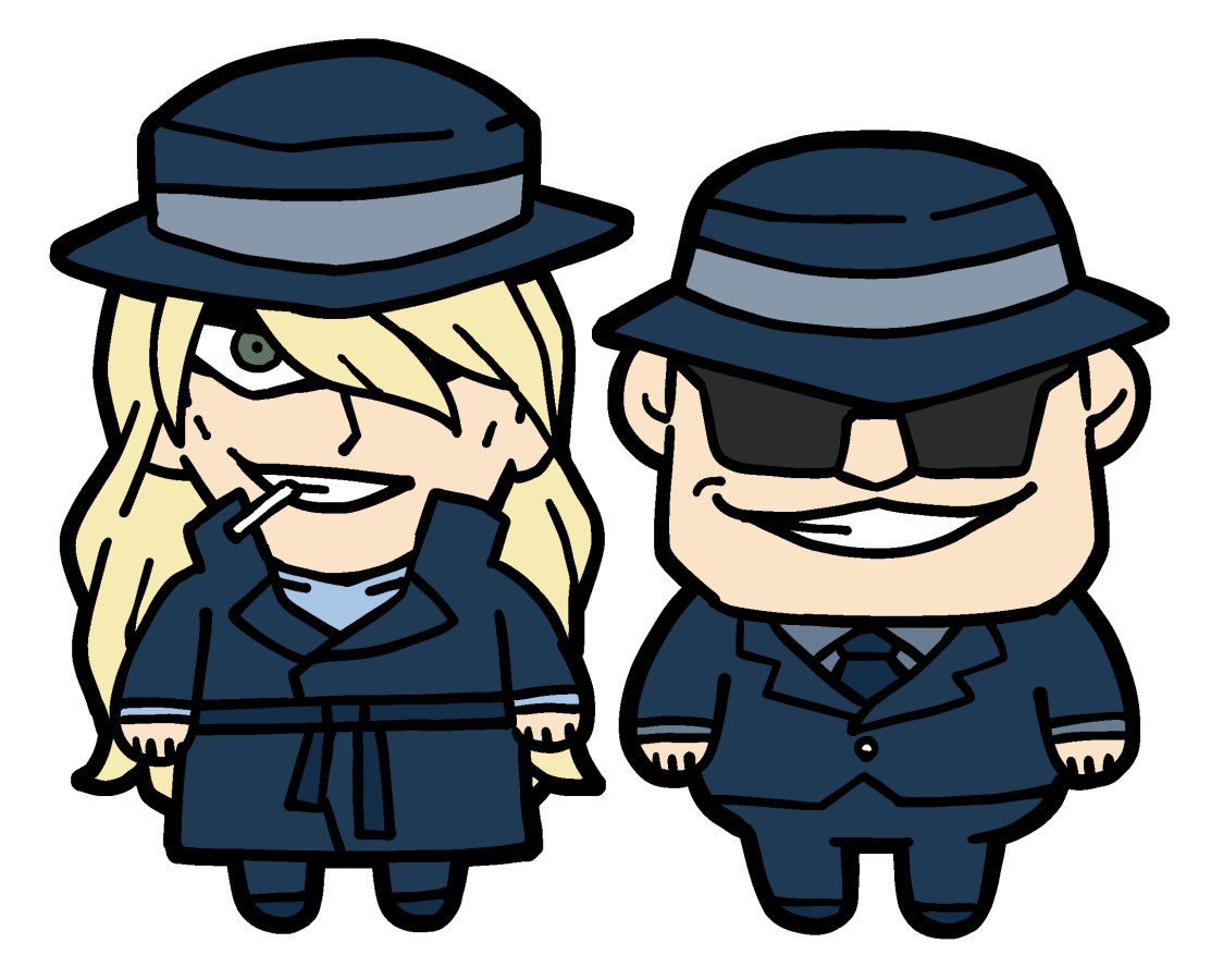bkub, gin (meitantei conan), vodka (meitantei conan), meitantei conan, 2boys, black shoes, blonde hair, blue hat, blue jacket, blue necktie, blue pants, blue suit, chibi, chibi only, formal clothes, full body, green eyes, grin, hat, jacket, long hair, long sleeves, looking at viewer, male focus, multiple boys, necktie, pants, shoes, simple background, smile, standing, suit, sunglasses, white background