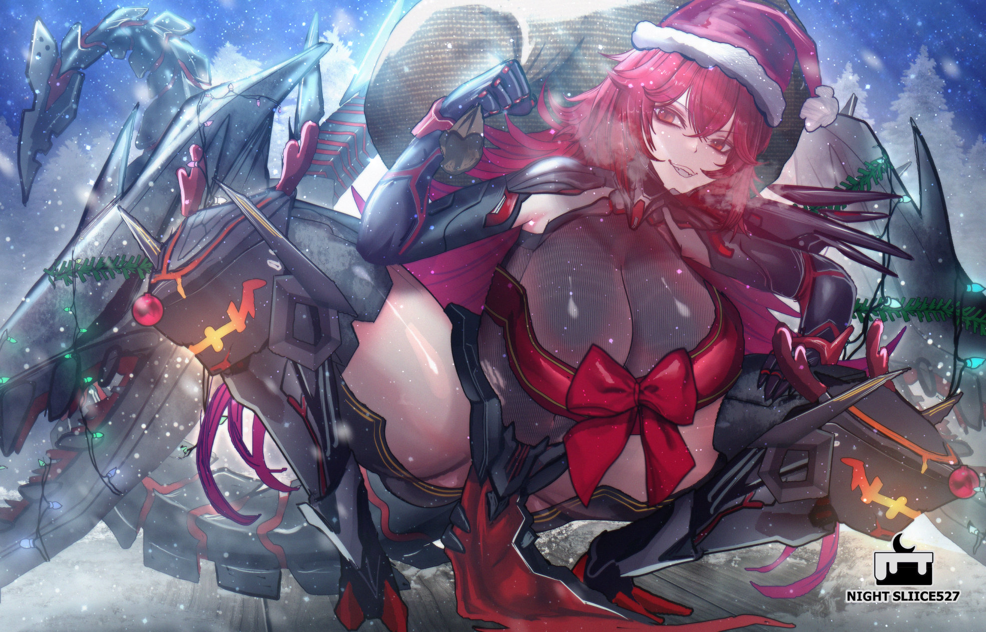 nightsliice257, nihilister (nikke), goddess of victory: nikke, commentary, english commentary, highres, mixed-language commentary, 1girl, alternate costume, armored boots, black leotard, black thighhighs, blush, boots, breasts, brown bag, dragon tail, dragon wings, hair between eyes, hat, holding, holding sack, large breasts, leotard, long hair, looking at viewer, mechanical tail, mechanical wings, navel, outdoors, pelvic curtain, red eyes, red hair, sack, santa hat, smile, snow, solo, spread legs, squatting, tail, teeth, thigh boots, thighhighs, tree, wings