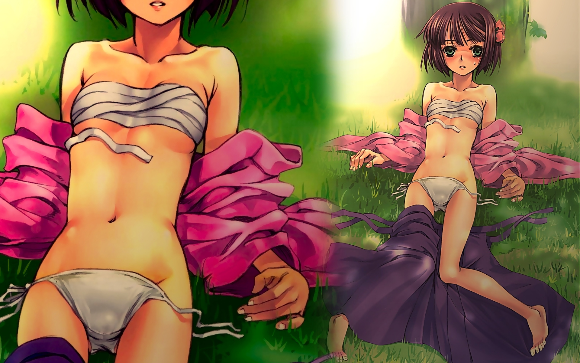artist request, character request, highres, 1girl, bandages, barefoot, blush, bow, breasts, brown hair, collarbone, grass, green eyes, hair bow, loli, looking at viewer, lying, navel, panties, parted lips, sarashi, short hair, side-tie panties, small breasts, sweat, teeth, underwear, untied panties, white panties, zoom layer