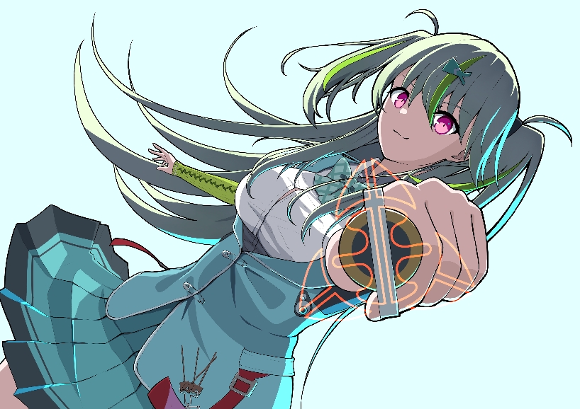 phant0m, ooshima isuzu, heaven burns red, commentary request, 1girl, aiming, aiming at viewer, aqua background, aqua bow, aqua bowtie, aqua jacket, aqua skirt, arm warmers, blue background, blue bow, blue bowtie, blue jacket, blue skirt, bow, bowtie, breasts, closed mouth, detached sleeves, green bow, green bowtie, green hair, grey hair, hair between eyes, hair ornament, hairclip, holding, jacket, large breasts, long hair, long sleeves, looking at viewer, multicolored hair, pink eyes, pleated skirt, purple eyes, school uniform, shirt, simple background, skirt, smile, solo, streaked hair, two side up, white shirt, x hair ornament