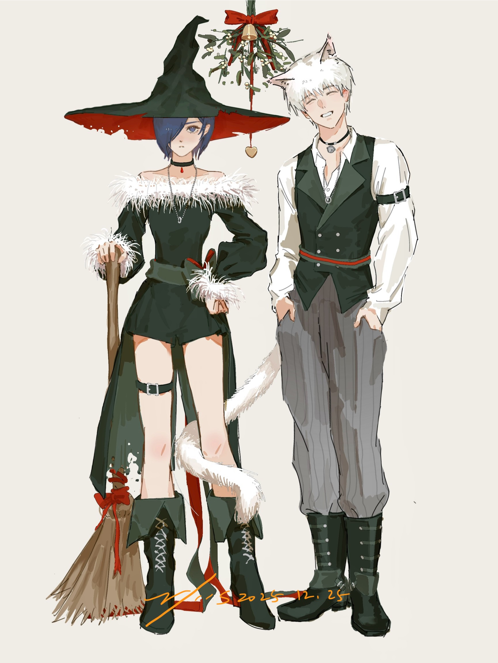 vjoos, kaneki ken, kirishima touka, tokyo ghoul, highres, 1boy, 1girl, belt, black boots, black choker, black vest, boots, bow, broom, brown belt, choker, dress, grey pants, grin, hair over one eye, hat, heart, holding, holding broom, large hat, long sleeves, looking at viewer, pants, red bow, shirt, short dress, short hair, simple background, smile, standing, teeth, torn clothes, torn hat, vest, white background, white shirt, witch, witch hat