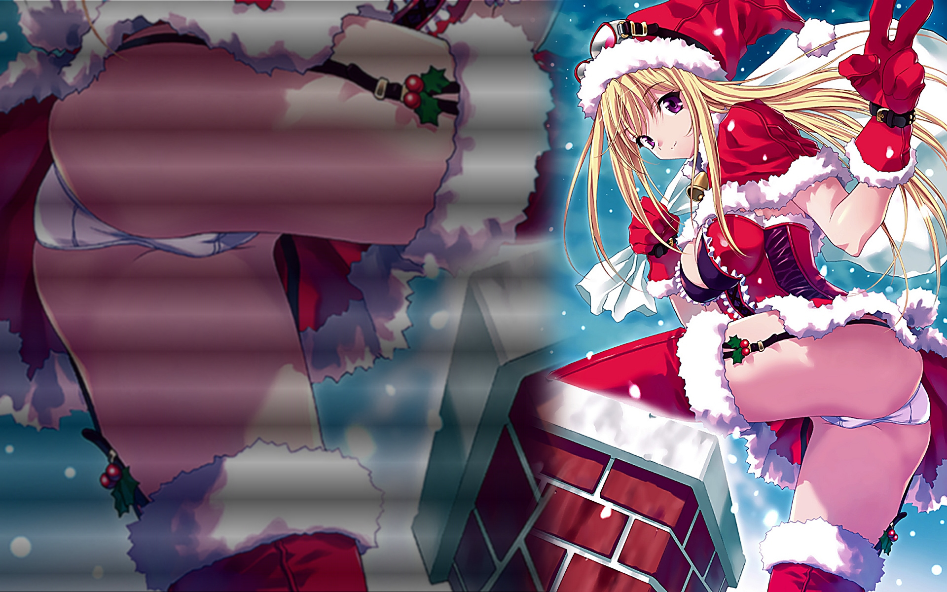 highres, 1girl, bag, bell, blonde hair, breasts, chimney, female focus, goggles, mistletoe, outdoors, panties, purple eyes, santa costume, sky, snow, solo, underwear, upskirt, v, zoom layer