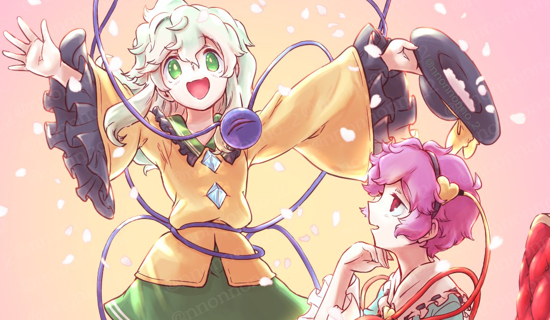 menotama, komeiji koishi, komeiji satori, touhou, commentary request, 2girls, black hairband, black hat, blue shirt, buttons, collared shirt, diamond button, eyeball, falling petals, frilled shirt collar, frilled sleeves, frills, green eyes, green hair, green skirt, hair ornament, hairband, hat, hat ribbon, heart, heart button, heart hair ornament, holding, holding unworn clothes, holding unworn hat, long sleeves, looking at viewer, multiple girls, open mouth, petals, pink hair, pink petals, red eyes, ribbon, ribbon-trimmed collar, ribbon trim, shirt, short hair, siblings, sisters, skirt, smile, third eye, twitter username, unworn hat, unworn headwear, watermark, wide sleeves, yellow ribbon, yellow shirt