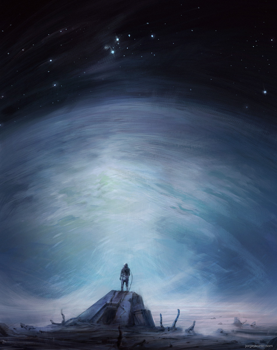 jjcanvas, original, commentary, english commentary, highres, crash, from behind, landscape, painterly, planet, rock, scenery, sky, space, spacecraft, spacesuit, star (sky), starry sky, watermark, web address