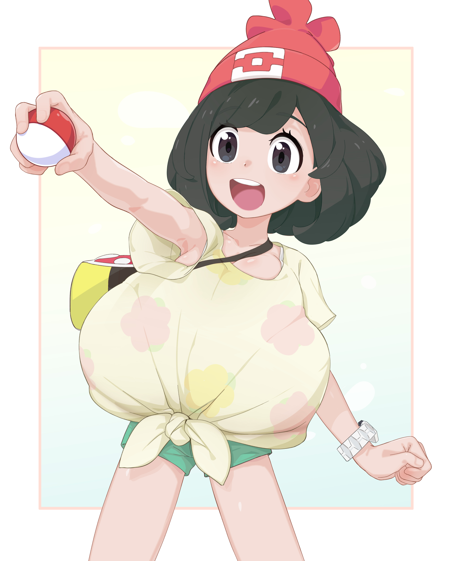 nanina (nijnan), selene (pokemon), nintendo, pokemon, pokemon sm, 1girl, alternate breast size (larger), black eyes, black hair, blue background, border, breasts, collarbone, cowboy shot, gradient background, green shorts, hat, holding, holding poke ball, huge breasts, matching hair/eyes, open mouth, poke ball, poke ball (basic), red hat, shirt, short sleeves, shorts, smile, solo, standing, teeth, upper teeth only, white border, wristband, yellow shirt