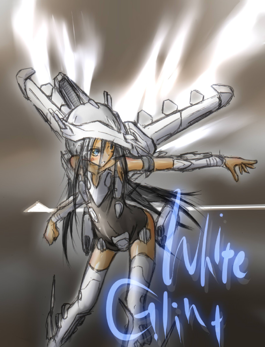 white glint, armored core, armored core: for answer, fromsoftware, highres, 1girl, female focus, gradient background, long hair, mecha musume, solo, standing