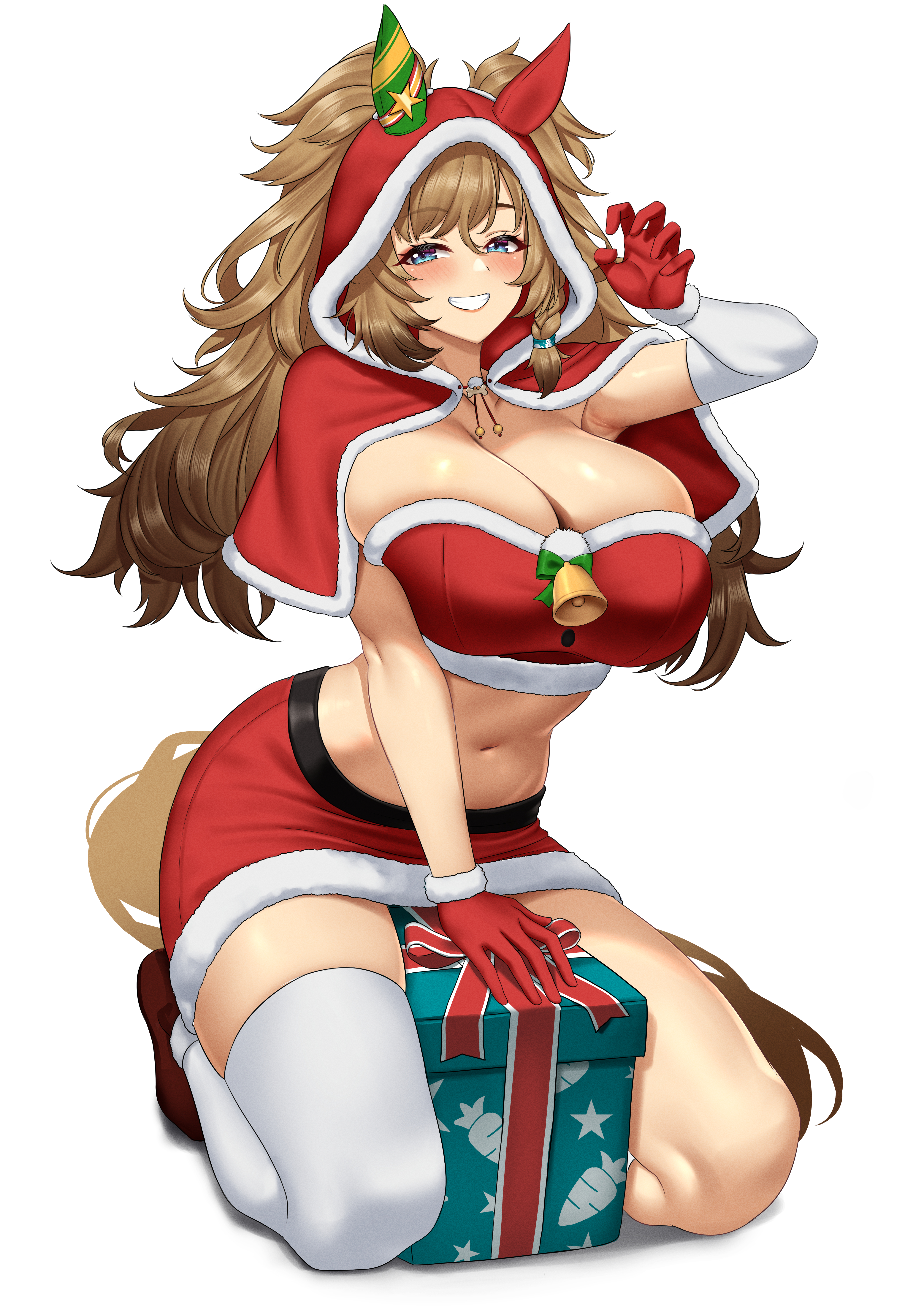 stmoon, blast onepiece (umamusume), umamusume, fluffy hair, absurdres, commentary request, highres, 1girl, alternate costume, animal ears, arm warmers, armpits, bandeau, bell, blue eyes, blush, bow, box, braid, breasts, brown hair, capelet, claw pose, cleavage, ear covers, ear ornament, full body, fur-trimmed capelet, fur-trimmed gloves, fur-trimmed skirt, fur trim, gift, gift box, gloves, green bow, grin, hair between eyes, hair ornament, hair through hood, hood, hood up, hooded capelet, horse ears, horse girl, horse tail, jingle bell, kneeling, large breasts, long hair, looking at viewer, messy hair, midriff, navel, red bandeau, red capelet, red gloves, red shoes, red skirt, santa costume, shoes, side braid, sidelocks, simple background, single arm warmer, single ear cover, single thighhigh, skindentation, skirt, smile, solo, tail, teeth, thighhighs, twintails, white arm warmers, white background, white thighhighs