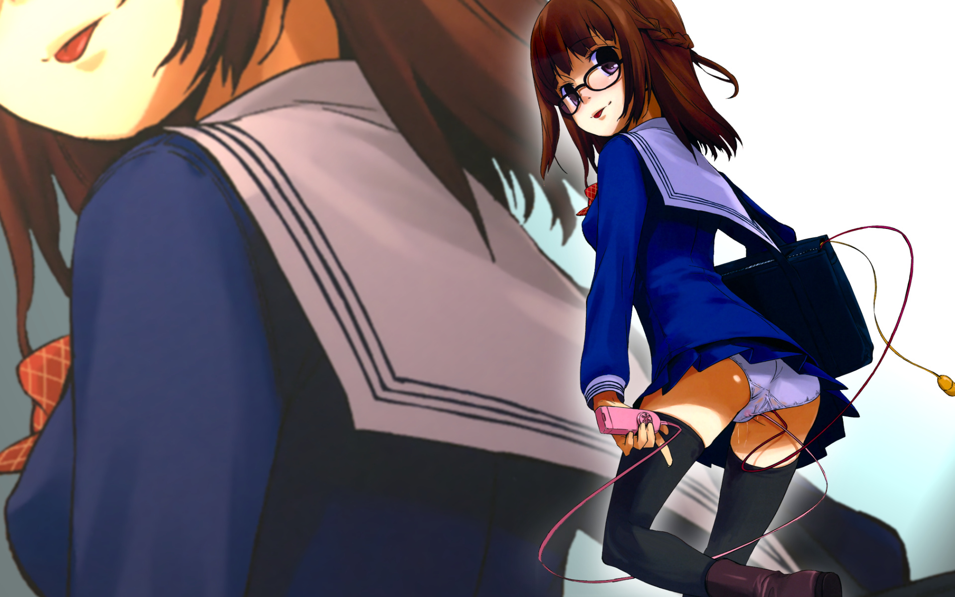 artist request, highres, source request, 1girl, ass, breasts, discreet vibrator, glasses, panties, school uniform, sex toy, standing, thighhighs, underwear, upskirt, vibrator, zoom layer