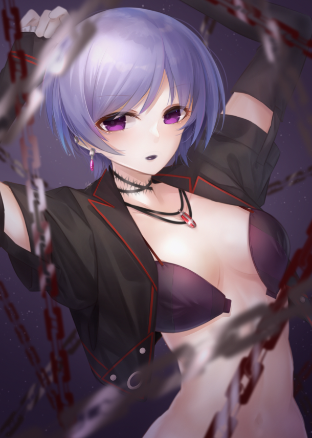 yakku, kishimoto ayase, chaos;head, phantasm, science adventure, commentary request, 1girl, arms up, black jacket, blue hair, bra, breasts, choker, cleavage, collarbone, cropped jacket, detached sleeves, earrings, expressionless, jacket, jewelry, lapels, looking at viewer, navel, necklace, open bra, open clothes, peaked lapels, pink lips, purple bra, purple eyes, red trim, short hair, sleeves past wrists, small breasts, solo, stomach, thorns, underwear, upper body