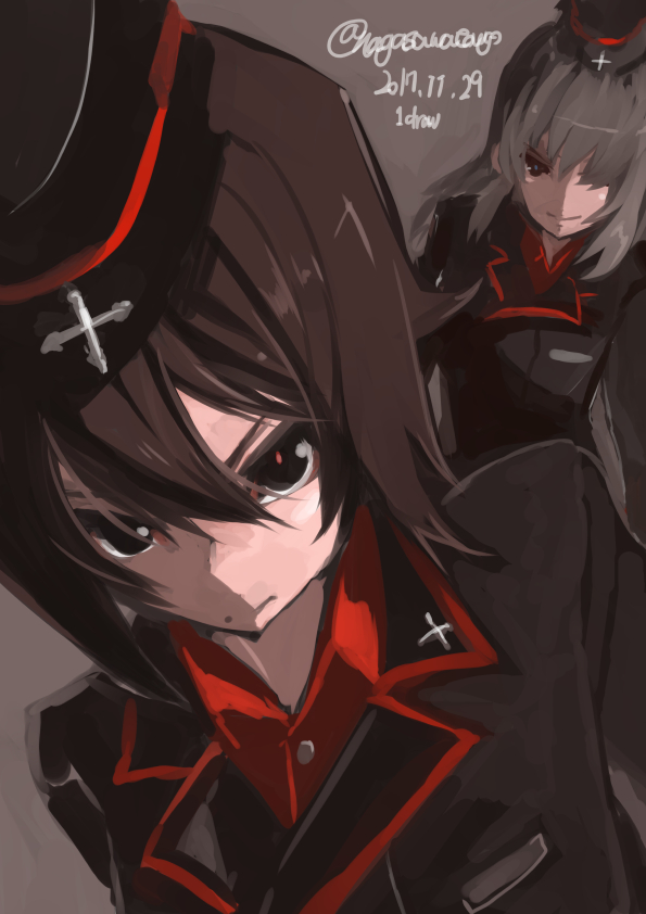 nagasawa tougo, itsumi erika, nishizumi maho, girls und panzer, commentary request, 2girls, blue eyes, breasts, brown eyes, brown hair, cross, dated, evil smile, from above, garrison cap, glaring, grey hair, hat, iron cross, jacket, kuromorimine military uniform, large breasts, long hair, looking at viewer, military, military jacket, military uniform, multiple girls, one-hour drawing challenge, pixiv username, serious, short hair, smile, twitter username, upper body
