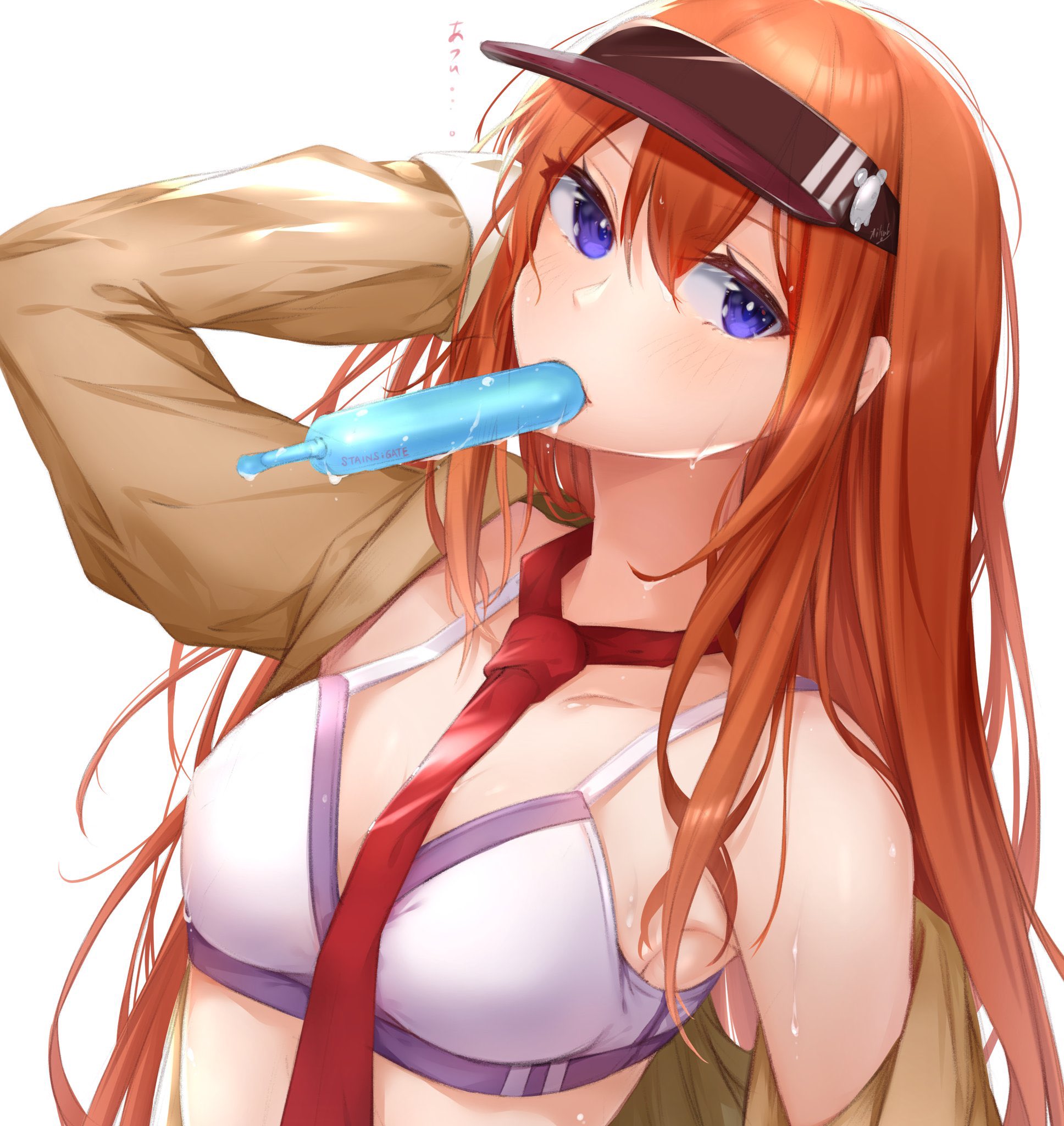 yakku, makise kurisu, science adventure, steins;gate, commentary request, highres, 1girl, armpits, between breasts, bikini, blush, breasts, brown hair, brown jacket, cleavage, collarbone, food, food in mouth, hair between eyes, hat, jacket, lollipop in mouth, long hair, long hairb, long sleeves, looking at viewer, mouth hold, necktie, necktie between breasts, open clothes, popsicle, purple eyes, red necktie, rown hair, simple background, single bare shoulder, small breasts, solo, swimsuit, upper body, water drop, wet, white background