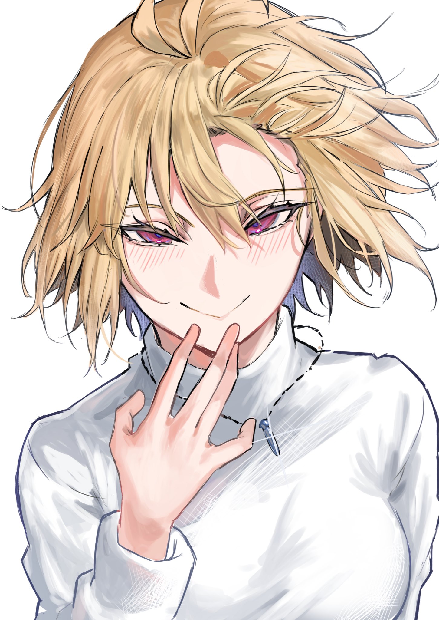 hirekatsu-kan, arcueid brunestud, tsukihime, tsukihime (remake), commentary request, highres, 1girl, blush, breasts, closed eyes, jewelry, large breasts, pendant, red eyes, short hair, simple background, smile, solo, sweater, upper body, white background, white sweater