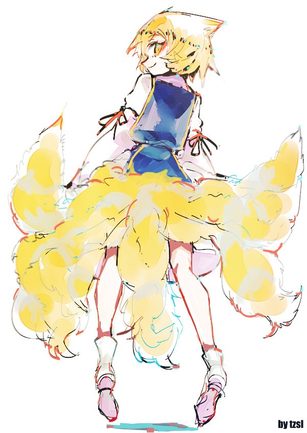 tsuru (nekopanchi), yakumo ran, touhou, commentary, english commentary, 1girl, animal ears, blonde hair, blue tabard, fox ears, fox girl, fox tail, kitsune, kyuubi, long sleeves, looking at viewer, looking back, multiple tails, ribbon-trimmed sleeves, ribbon trim, shoes, sidelocks, signature, smile, socks, tabard, tail, white background, yellow eyes