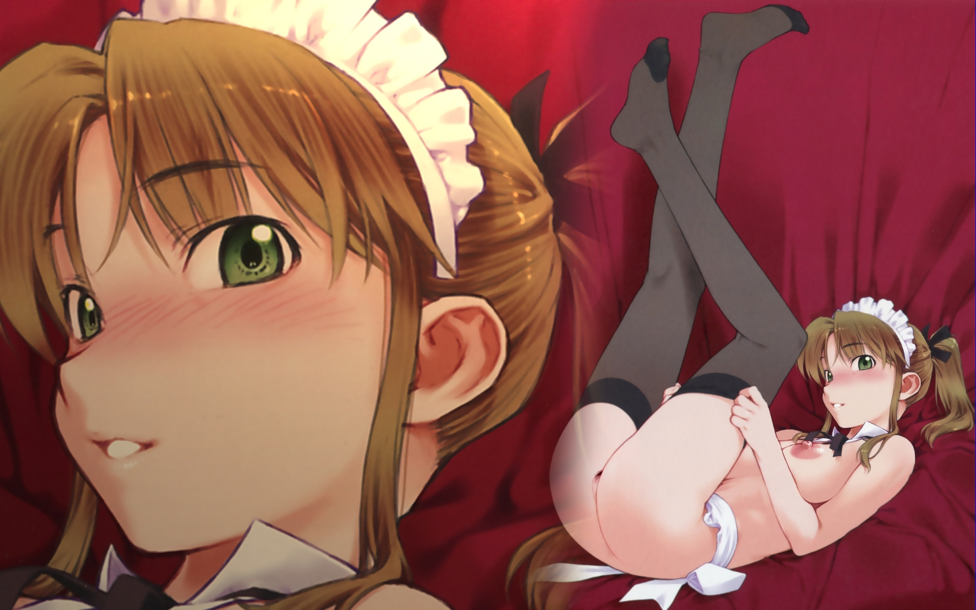 highres, tagme, apron, breasts, green eyes, maid, maid apron, zoom layer