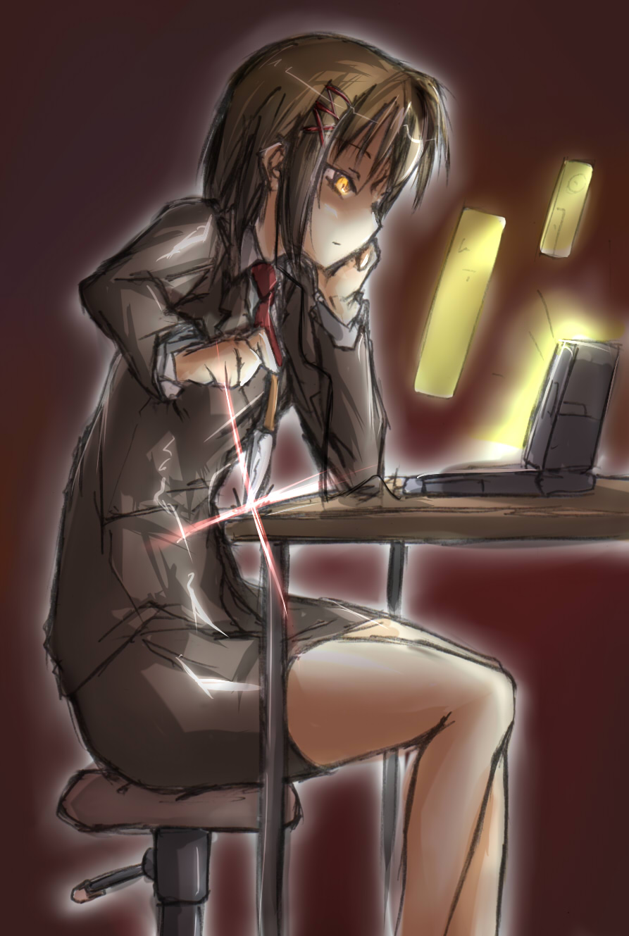 novemdecuple, armored core, fromsoftware, highres, 1girl, computer, female focus, formal clothes, military operator, sitting, solo, suit