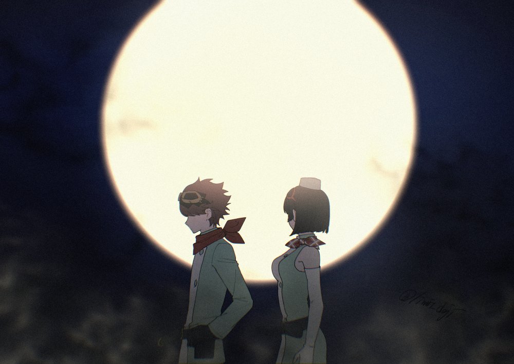 yuu (pixiv3042074), yuuki dan, yuuki kanan, digimon, digimon story: time stranger, commentary request, 1boy, 1girl, bare shoulders, black hair, blurry, blurry background, breasts, brown hair, cowboy shot, dress, from side, full moon, goggles, goggles on head, green dress, green jacket, jacket, moon, night, profile, short hair, signature, white dress, white jacket