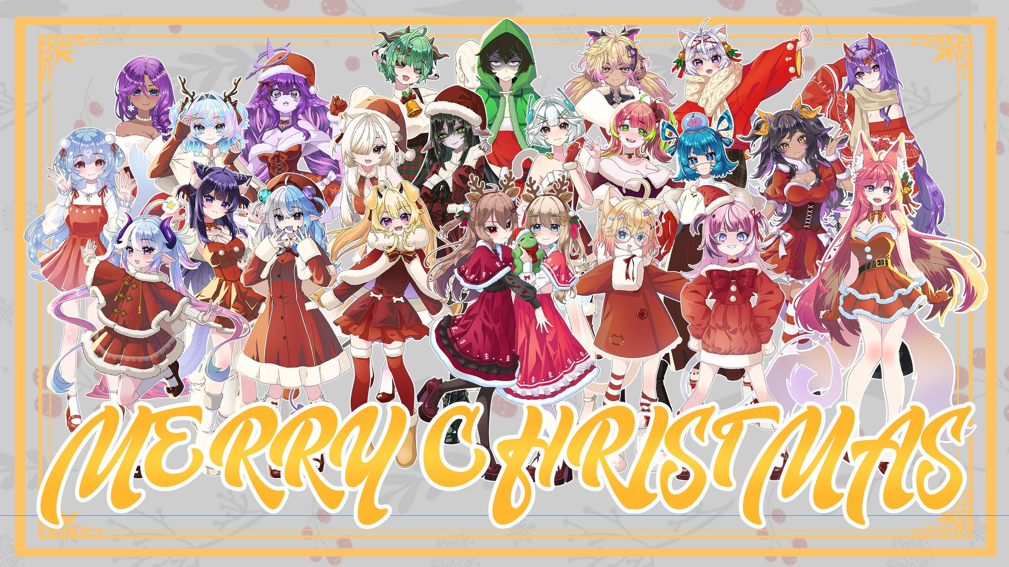 akuma nihmune, aquwa, bao the whale, camila (vtuber), cerber (vtuber), cha cha (vtuber), crelly, cweamcat, ellie minibot, evil neuro-sama, filian (vtuber), hanakyo, koko d. nuts, layna lazar, megalodon (vtuber), minikomew, nekrolina, neuro-sama, rindo (vrchat), slice of toma, vedal987, yuy (vtuber), indie virtual youtuber, huge bowtie, commentary, english commentary, highres, 2boys, 6+girls, ahoge, anger vein, animal ear fluff, animal ears, antlers, arm under breasts, arm up, arms up, ball, bare shoulders, bead necklace, beads, bell, black boots, black bow, black bowtie, black choker, black eyes, black hair, black horns, black nails, black pantyhose, black shirt, black shoes, black thighhighs, blonde hair, blue eyes, blue hair, blue nails, blush, bone tail, boots, border, bow, bowtie, brain, breasts, broken heart, broken heart hair ornament, brown eyes, brown hair, brown skirt, capelet, cat ears, cat girl, cat tail, cetacean tail, choker, chrchie, christmas, cleavage, cleavage cutout, closed mouth, clothing cutout, coat, codebug (ellie minibot), colored skin, colored tips, colored tongue, controller hair ornament, corset, cow ears, cow girl, cow horns, cross-shaped pupils, crossed legs, cyborg, dark-skinned female, dark skin, deer ears, demon girl, demon horns, demon tail, denim, dog ears, dog girl, dress, dress bow, earrings, exposed brain, facial mark, fangs, fins, fish tail, folded twintails, footwear bow, fox ears, fox girl, fox tail, from side, full body, fur-trimmed boots, fur-trimmed capelet, fur-trimmed dress, fur-trimmed gloves, fur-trimmed hoodie, fur-trimmed jacket, fur-trimmed sleeves, fur-trimmed thighhighs, fur boots, fur trim, gloom (expression), gloves, green eyes, green hair, green hoodie, green shorts, grin, hair beads, hair bell, hair between eyes, hair bow, hair intakes, hair ornament, hair over one eye, hair ribbon, hair tie, hairclip, halo around horn, hand up, hands on own hips, hands up, hat, heart, heart hair ornament, heterochromia, high-waist skirt, high heel boots, high heels, hood, hoodie, horns, hug, huge ahoge, index finger raised, indoors, iridescent hair, jacket, jewelry, kitsunero, lace-up boots, large breasts, leg bow, legs, long dress, long hair, long skirt, long sleeves, looking at viewer, mark under both eyes, mechanical arms, medium dress, medium hair, medium skirt, merry christmas, messy hair, miniskirt, monkey ears, monkey girl, multicolored hair, multiple boys, multiple girls, nail polish, neck bell, neck ribbon, neckerchief, necklace, official alternate hair length, official alternate hairstyle, open clothes, open jacket, open mouth, orca girl, ornate border, pantyhose, personification, pink eyes, pink hair, plaid clothes, plaid skirt, platform heels, pleated dress, pointy ears, pom pom (clothes), pom pom hair ornament, ponytail, puffy short sleeves, puffy sleeves, purple eyes, purple hair, purple horns, purple nails, purple skin, purple tongue, red boots, red bow, red bowtie, red capelet, red choker, red coat, red corset, red dress, red eyes, red gloves, red hat, red horns, red jacket, red neckerchief, red ribbon, red scarf, red shirt, red shoes, red skirt, red sweater, red thighhighs, reindeer antlers, reptile girl, ribbon, romper, santa costume, santa dress, santa hat, scarf, see-through bow, shark girl, shark tail, shirt, shirt tucked in, shoes, shoomimi, short dress, short hair, short sleeves, shorts, siblings, signature, sisters, skirt, sleeveless, sleeveless dress, sleeveless shirt, sleeves past fingers, sleeves past wrists, small breasts, smile, socks, standing, standing on one leg, star (symbol), star hair ornament, streaked hair, striped clothes, striped socks, striped thighhighs, sweater, symbol-shaped pupils, tail, thighhighs, turtleneck, turtleneck shirt, twins, twintails, two-tone hair, two side up, vedal ai, very long hair, virtual youtuber, white background, white boots, white bow, white capelet, white hair, white shirt, white shoes, white sleeves, white socks, white sweater, xarakura xara, yellow boots, yellow bow, yellow eyes, yellow gloves, yellow scarf