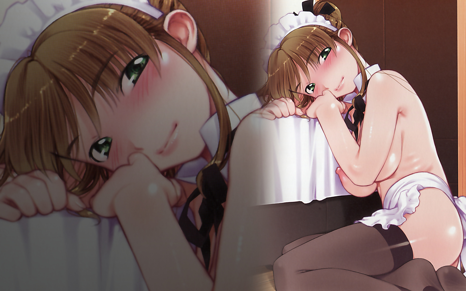 kiriyama taichi, nagisa (maid in heaven), maid in heaven, highres, 1girl, apron, blush, breasts, feet, female focus, green eyes, maid, maid apron, naked apron, ponytail, sitting, solo, thighhighs, zoom layer