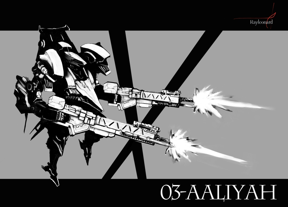 wasabikarasi, 03-aaliyah, armored core, armored core 4, fromsoftware, dual wielding, firing, gun, holding, weapon
