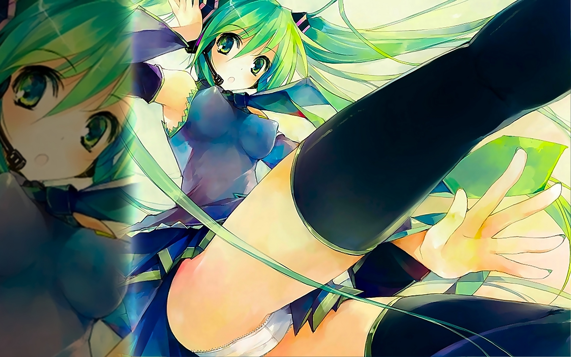 hatsune miku, vocaloid, artist request, highres, breasts, cameltoe, covered erect nipples, green eyes, green hair, open mouth, panties, striped clothes, striped panties, underwear, zoom layer