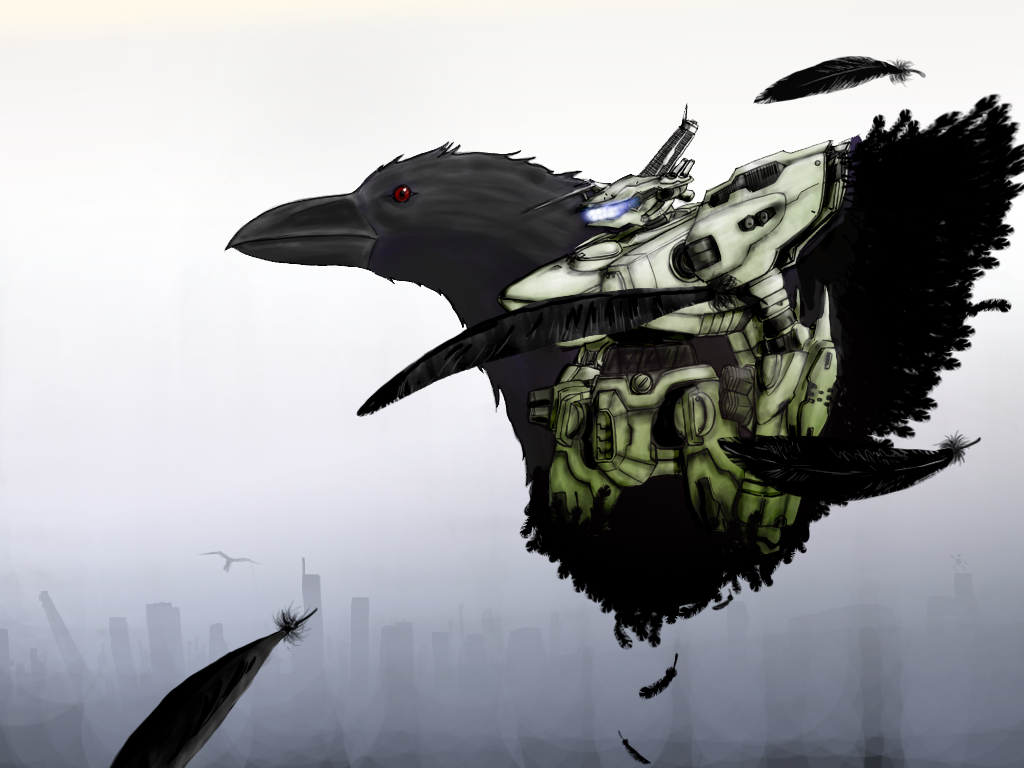 white glint, armored core, armored core: for answer, fromsoftware, bird, crow, feathers, mecha, robot