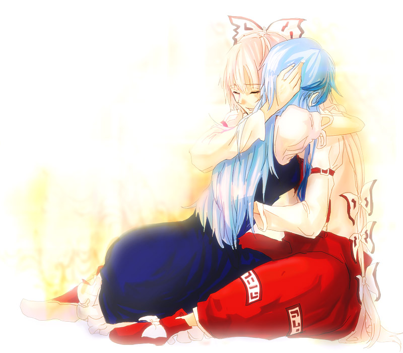 umi (wotabu), fujiwara no mokou, kamishirasawa keine, touhou, silver hair, bad id, bad pixiv id, 2girls, blue hair, bow, female focus, hair bow, hair ribbon, hug, long hair, multiple girls, multiple hair bows, ribbon, suspenders