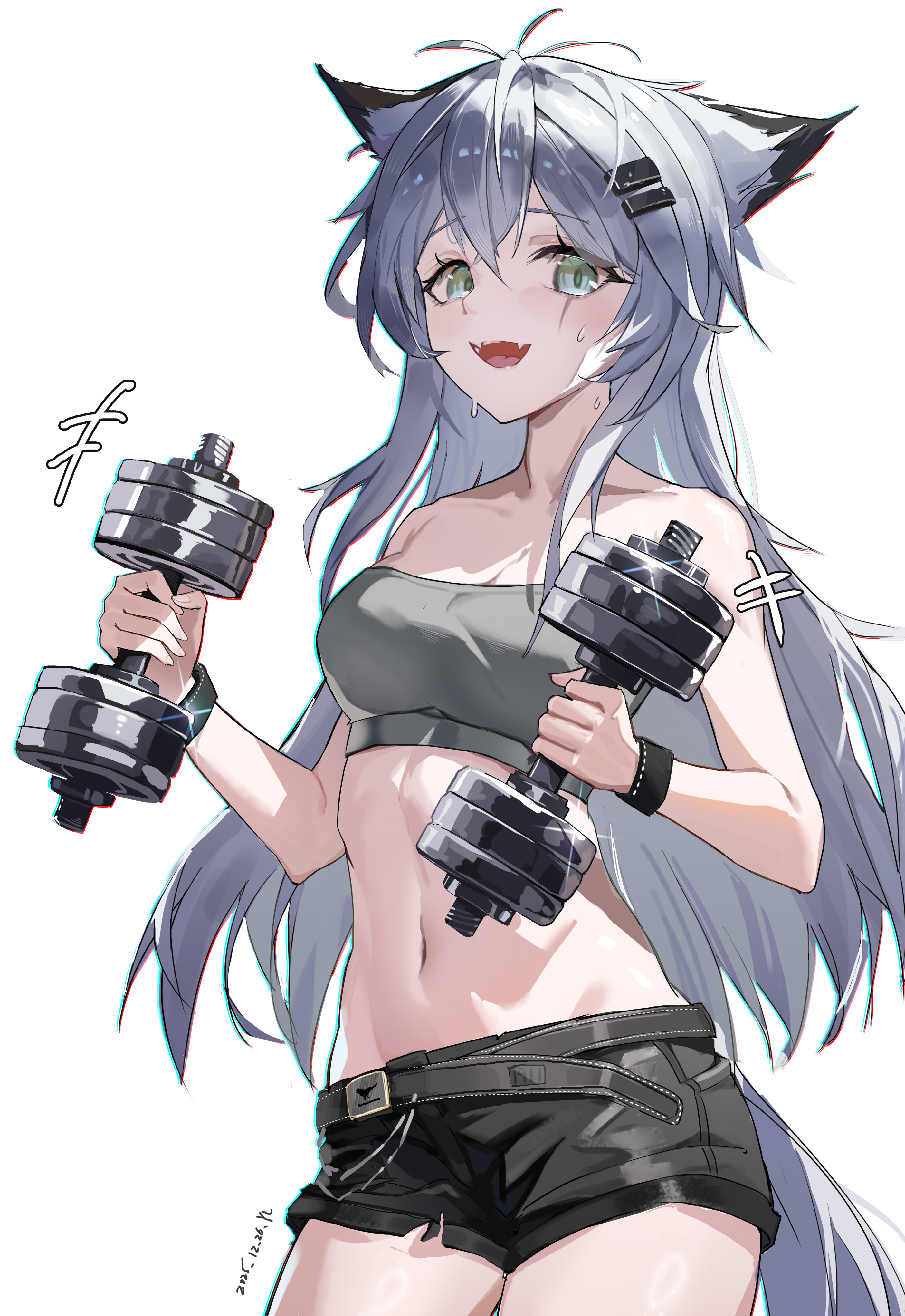 lappland (arknights), arknights, absurdres, chinese commentary, commentary request, highres, 1girl, animal ears, bandeau, bare shoulders, belt, black belt, black shorts, breasts, chromatic aberration, collarbone, cowboy shot, crop top, dated, dumbbell, fangs, glint, green eyes, grey bandeau, grey hair, grey tail, hair between eyes, holding, holding dumbbell, linea alba, long hair, looking at viewer, medium breasts, navel, open mouth, scar, scar across eye, scar on face, short shorts, shorts, simple background, skin fangs, smile, solo, standing, stomach, strapless, sweat, tail, white background, wolf ears, wolf girl, wolf tail, wristband, yin lan-