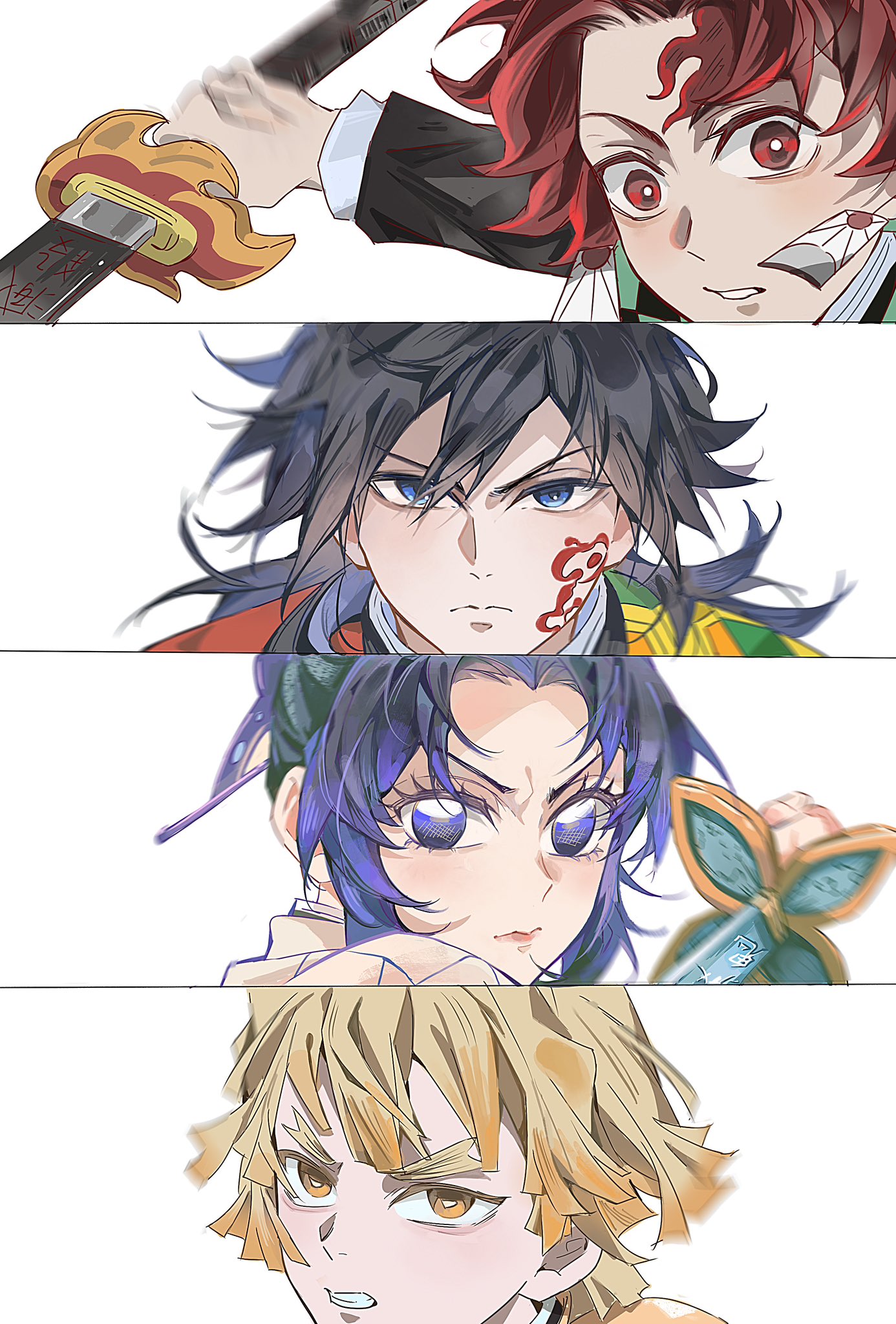 agatsuma zenitsu, kamado tanjirou, kochou shinobu, tomioka giyuu, kimetsu no yaiba, hashtag-only commentary, highres, 1girl, 3boys, black hair, blonde hair, brown hair, clenched teeth, closed mouth, earrings, facial mark, fia (fialoveice), holding, holding sword, holding weapon, jewelry, katana, long hair, multicolored hair, multiple boys, purple eyes, purple hair, red eyes, red hair, short hair, simple background, sword, teeth, two-tone hair, weapon, white background, yellow eyes