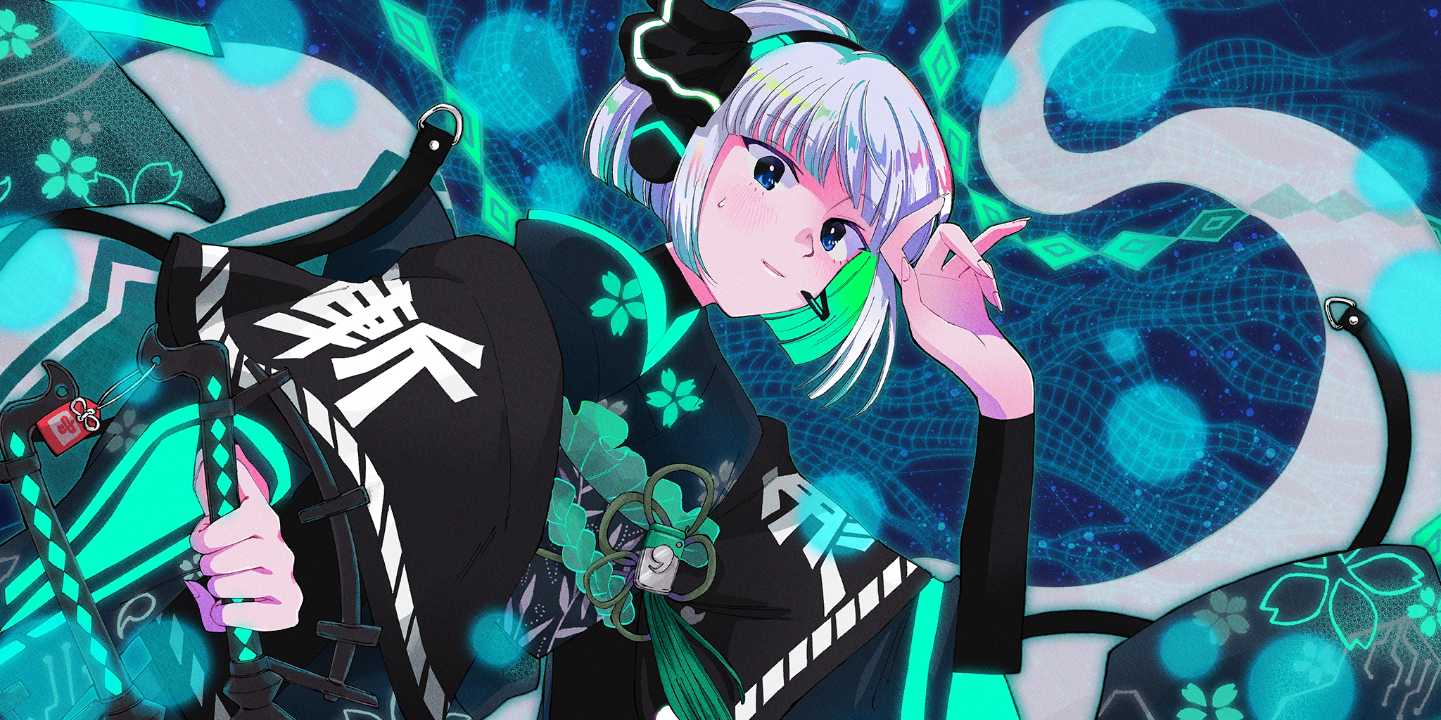 konpaku youmu, konpaku youmu (ghost), konpaku youmu (lunar war gardener), touhou, touhou lostword, game cg, highres, official art, third-party source, translation request, 1girl, alternate costume, alternate hair color, blue eyes, blush, cellphone, closed mouth, colored inner hair, green hair, green kimono, grey hair, headset, hitodama, holding, holding scissors, holding weapon, japanese clothes, kimono, long sleeves, looking at viewer, multicolored hair, obi, petal print, phone, print kimono, sash, scissors, short hair, smile, solo, sweatdrop, weapon, wide sleeves