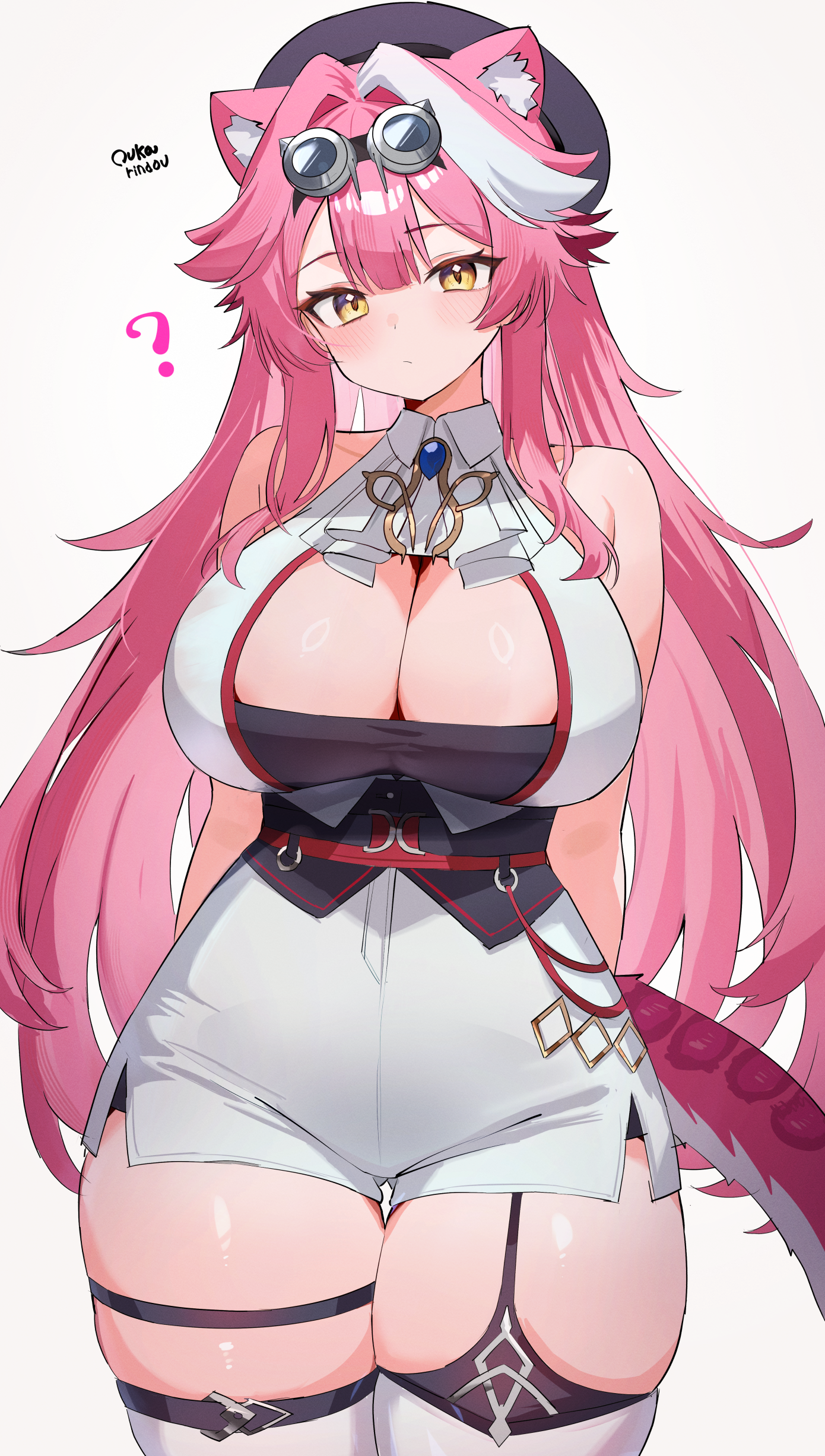 o-rindou5100, raora panthera, raora panthera (1st costume), hololive, hololive english, blue gem, absurdres, commentary, english commentary, highres, 1girl, ?, animal ears, arms behind back, artist name, ascot, asymmetrical legwear, bare shoulders, beret, black garter straps, black hat, blush, breasts, cleavage, closed mouth, collarbone, collared shirt, curvy, garter straps, gem, goggles, goggles on head, hair intakes, hat, huge breasts, long hair, looking at viewer, multicolored hair, panther ears, panther girl, panther tail, pink hair, pink tail, shirt, shorts, side slit, side slit shorts, simple background, single garter strap, solo, streaked hair, tail, thick thighs, thigh strap, thighhighs, thighs, two-tone hair, underbust, very long hair, virtual youtuber, white ascot, white background, white hair, white shirt, white shorts, white thighhighs, wide hips, yellow eyes