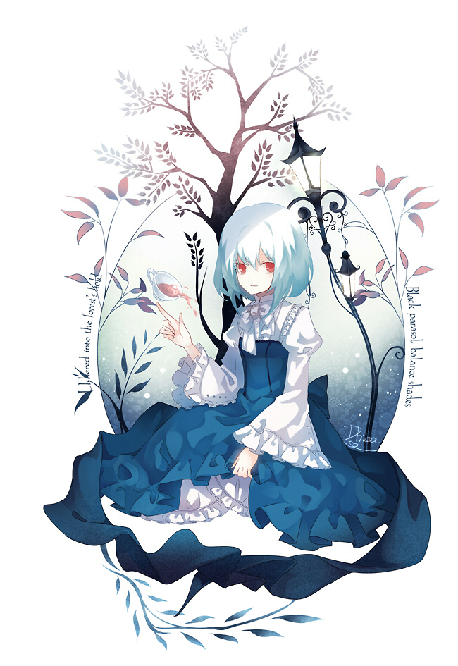 dhiea, original, bad id, bad pixiv id, 1girl, bow, cup, dress, female focus, flower, formal clothes, frills, gathers, lamppost, long sleeves, red eyes, short hair, sitting, solo, teacup, tree, white hair