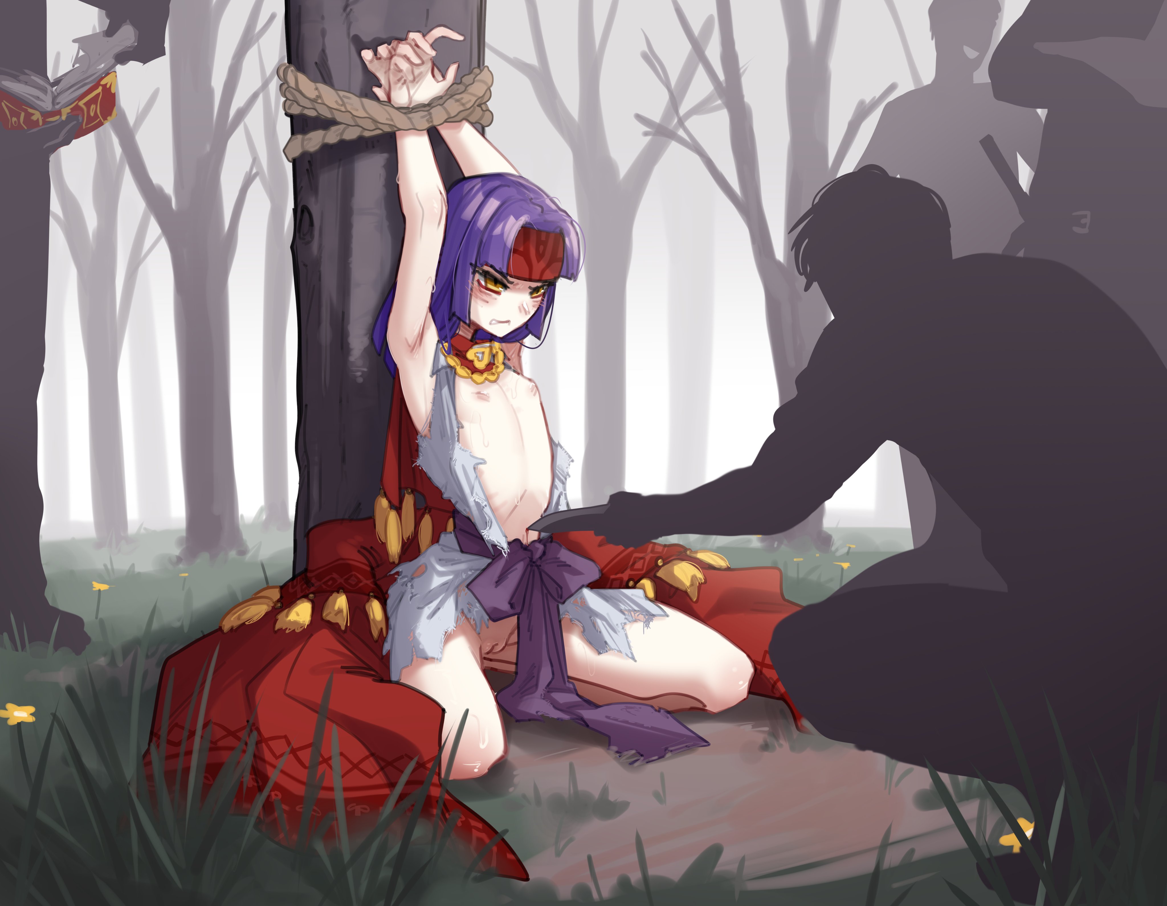 popopoka, original, absurdres, commentary, english commentary, highres, 1girl, 4boys, angry, arms up, bare tree, black bow, book, bow, flat chest, grass, holding, holding book, long hair, multiple boys, nipples, open book, outdoors, purple hair, pussy, restrained, rope, shirt, torn clothes, torn shirt, tree, yellow eyes