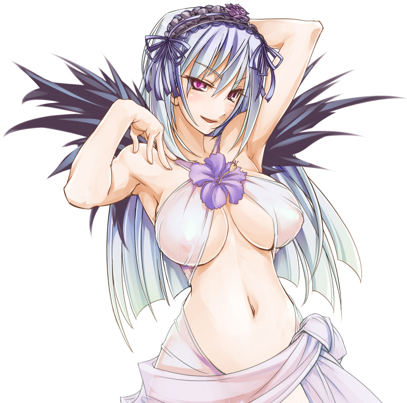 sasa ichi, suigintou, rozen maiden, silver hair, 00s, 1girl, alternate breast size (larger), armpits, blue hair, breasts, breasts apart, covered erect nipples, criss-cross halter, female focus, flower, groin, hair ornament, halterneck, large breasts, long hair, navel, nipples, see-through clothes, solo