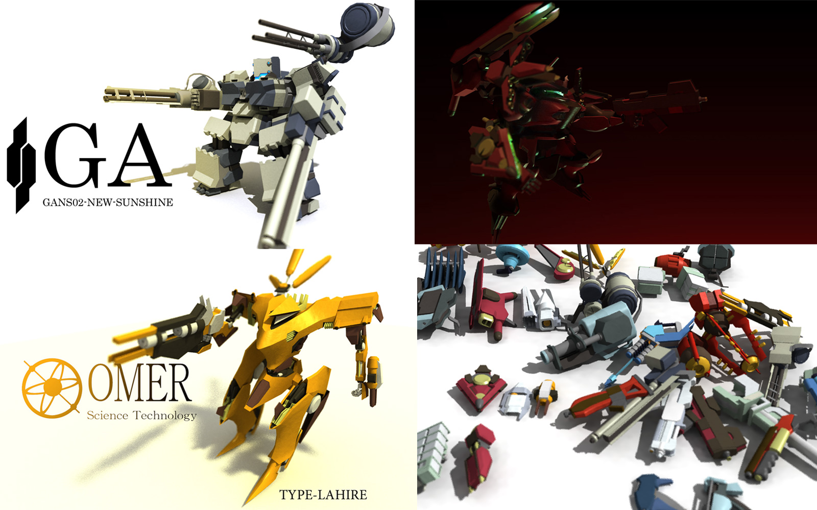 aspina flight formation team, armored core, armored core: for answer, fromsoftware, blade, laser gun, highres, asymmetrical dual wielding, chibi, dual wielding, everyone, gatling gun, gun, holding, mecha, rail gun, rifle, robot, rocket launcher, shotgun, weapon