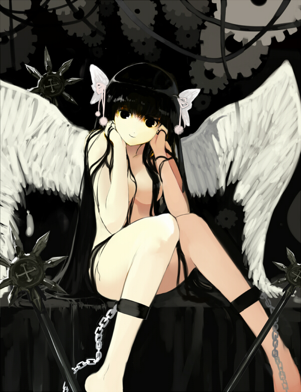 nauribon, original, bad id, bad pixiv id, 1girl, angel, angel wings, barefoot, bdsm, black eyes, black hair, bondage, bound, chain, female focus, gears, hair censor, hair over breasts, long hair, nude, smile, solo, wings