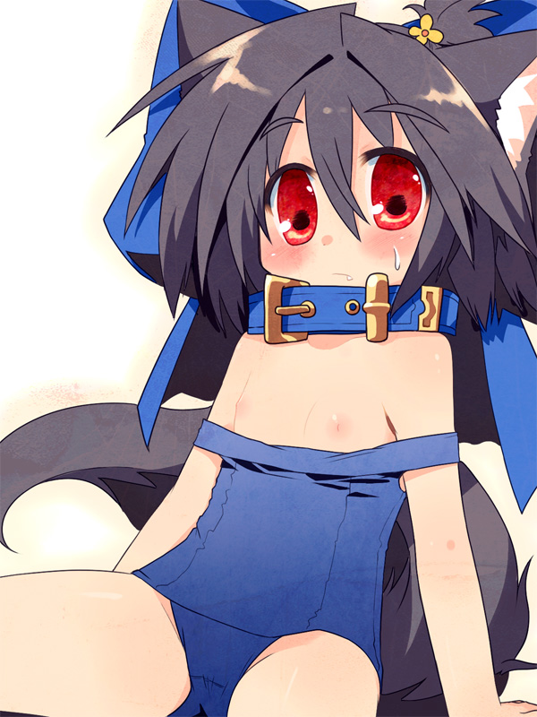 toba hiyoko, kannagi cocoa, original, 1girl, animal ears, black hair, blush, clothes pull, collar, dog ears, dog tail, fang, female focus, flat chest, hair ornament, loli, nipples, one-piece swimsuit, one-piece swimsuit pull, red eyes, solo, strap slip, sweat, sweatdrop, swimsuit, tail