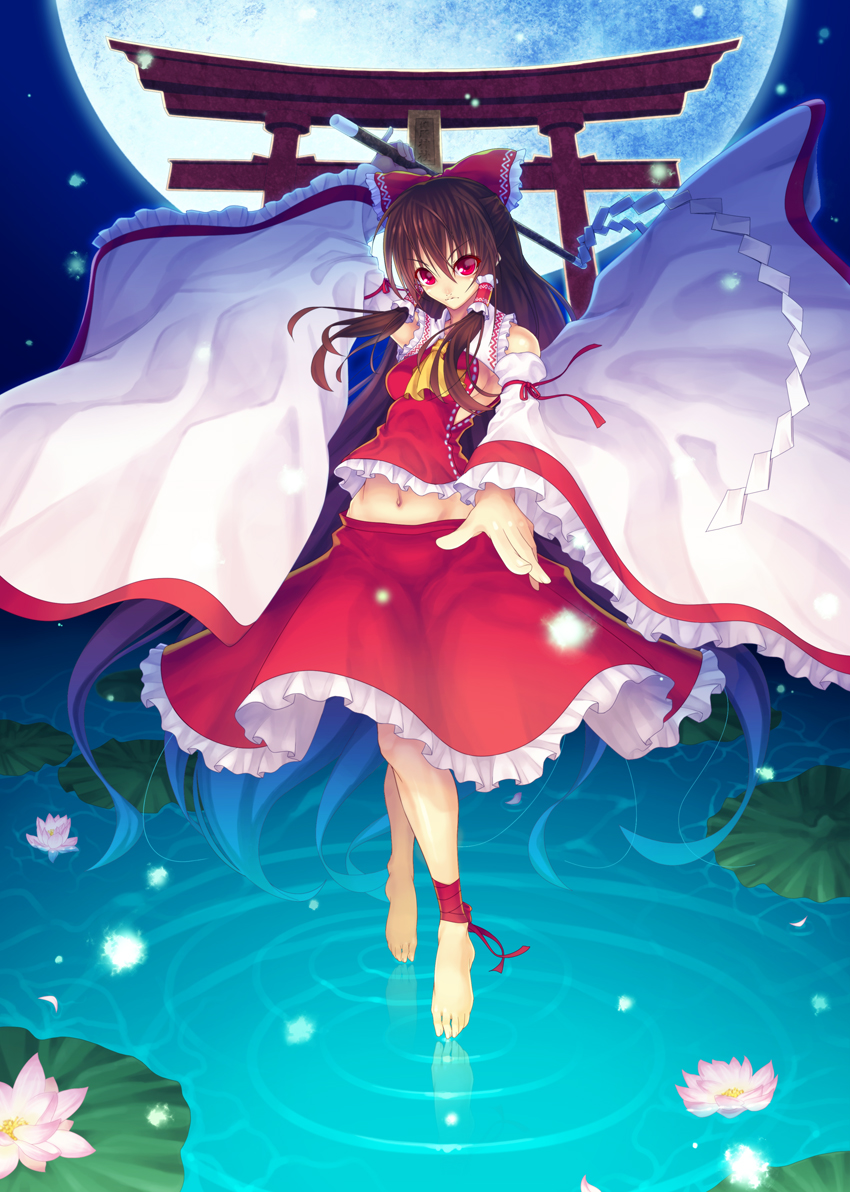 aka (shoumae), hakurei reimu, touhou, bad id, bad pixiv id, 1girl, ankle ribbon, artistic error, barefoot, bow, brown hair, detached sleeves, feet, female focus, floating, flower, foreshortening, full moon, hair bow, japanese clothes, leg ribbon, lily pad, long hair, looking at viewer, lotus, miko, moon, navel, night, red eyes, ribbon, ripples, solo, torii, water, water lily flower, wide sleeves, wrong foot