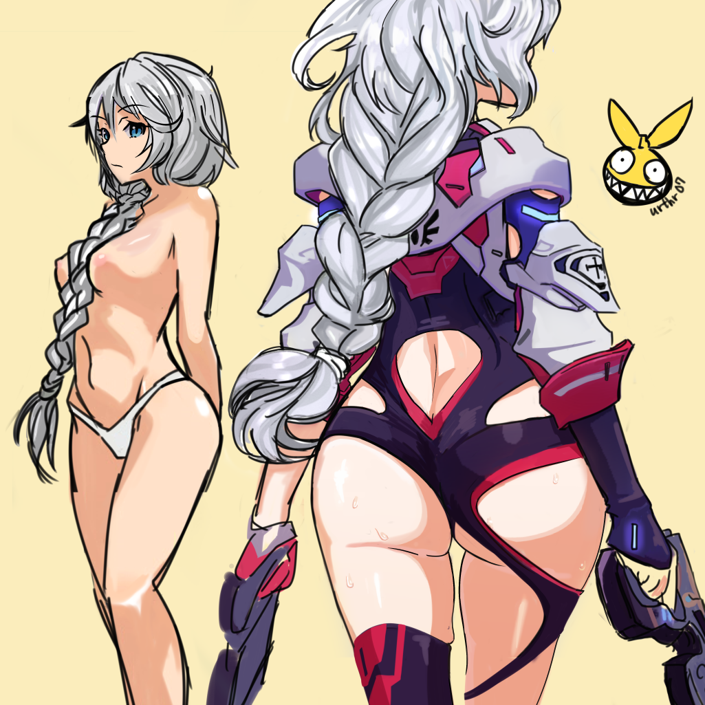 uruzu, homu (honkai impact), kallen kaslana, kallen kaslana (ritual imayoh), honkai (series), honkai impact 3rd, commentary request, 1girl, ass, blue eyes, breasts, gun, holding, holding gun, holding weapon, large breasts, long braid, long hair, multiple views, nipples, panties, simple background, topless female, underwear, very long hair, weapon, white hair, white panties