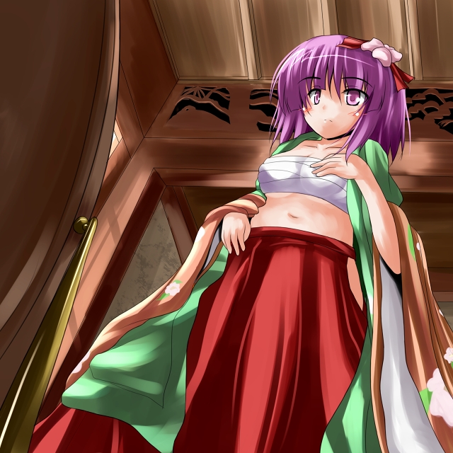 tsuzuri (tuzuri), hieda no akyuu, touhou, bad id, bad pixiv id, 1girl, breasts, female focus, flower, hakama, hakama skirt, indoors, japanese clothes, purple eyes, purple hair, red hakama, sarashi, short hair, skirt, solo