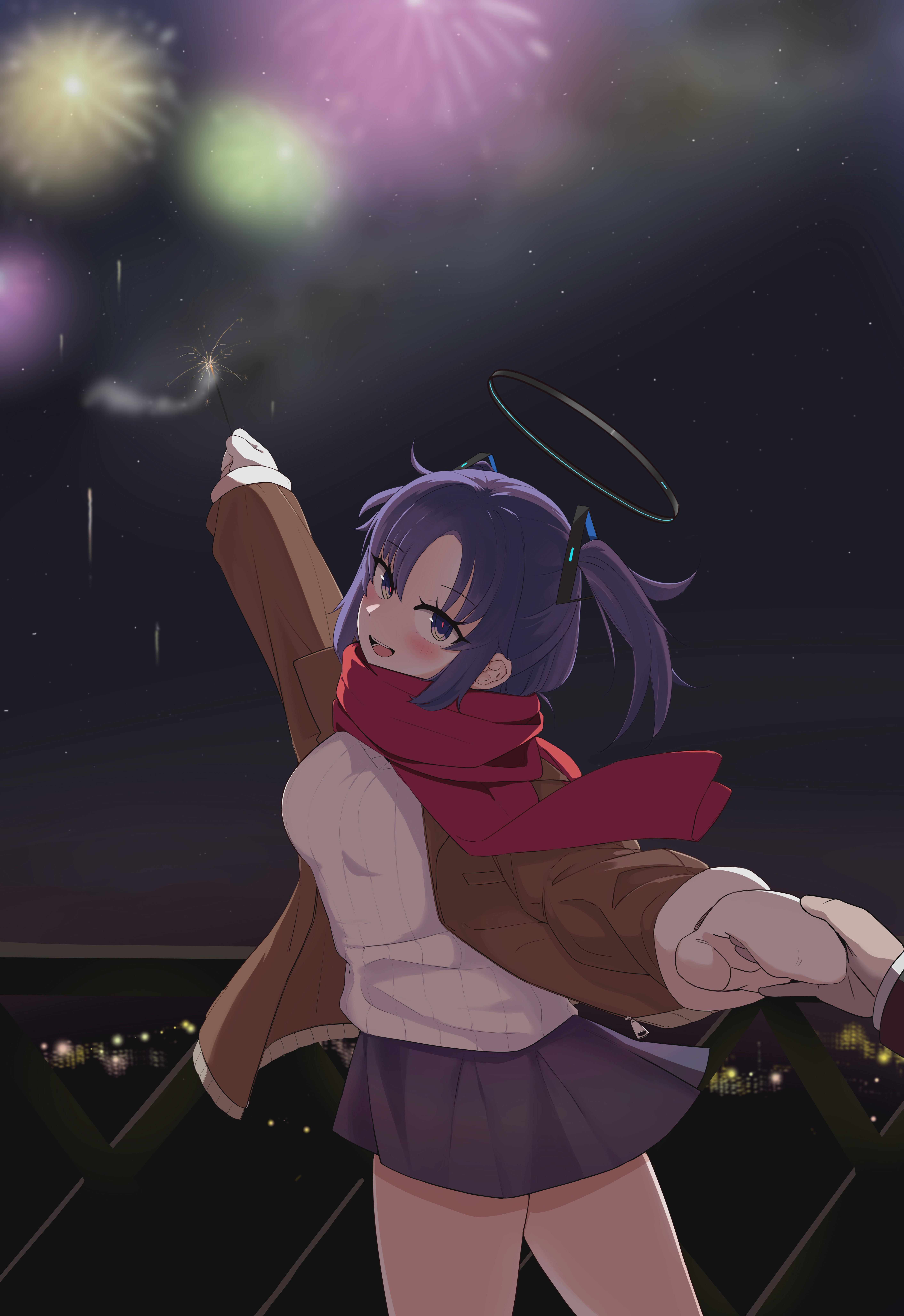 h.b.m, yuuka (blue archive), blue archive, absurdres, commentary, highres, symbol-only commentary, 1boy, 1girl, aerial fireworks, arm up, black jacket, black skirt, blurry, blurry background, blush, breasts, brown jacket, fireworks, hair ornament, halo, hand grab, holding, holding fireworks, jacket, looking at viewer, mechanical halo, mittens, multicolored eyes, open mouth, pleated skirt, purple eyes, purple hair, red scarf, scarf, shirt, skirt, sparkler, star (sky), sweater, thighs, triangle hair ornament, two-tone eyes, two side up, white shirt, white sweater