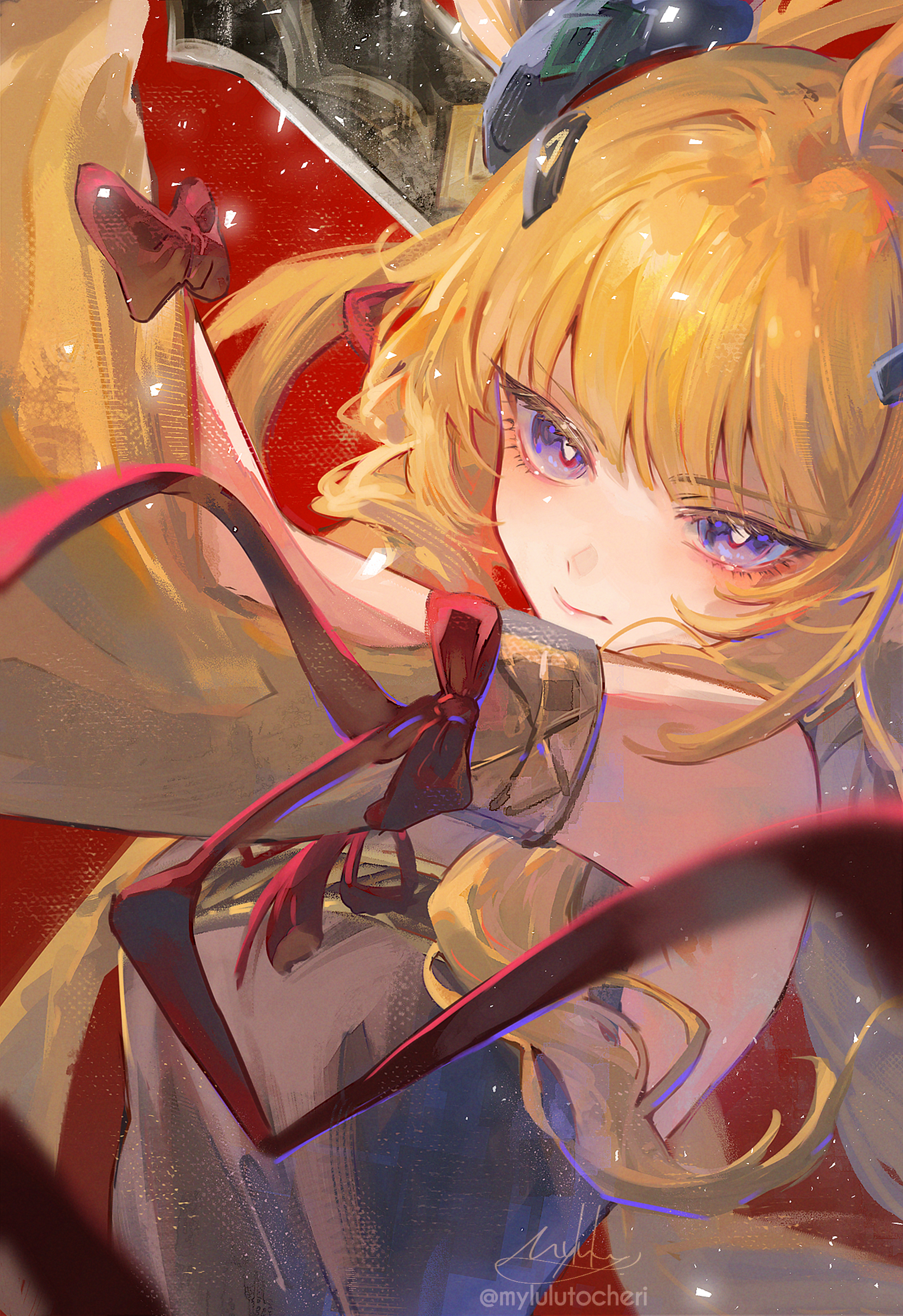 myluche, leizi (arknights), leizi the thunderbringer (arknights), arknights, commentary request, highres, 1girl, artist name, black dress, blonde hair, bow, detached sleeves, dress, frown, horn ornament, horns, long hair, long sleeves, looking at viewer, portrait, purple eyes, red background, red bow, simple background, solo, twitter username, upper body, yellow sleeves